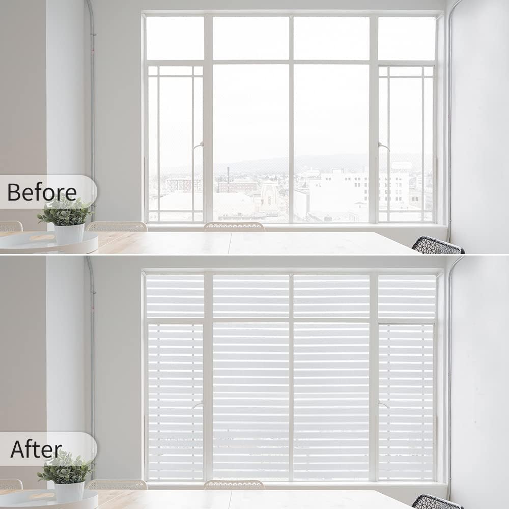 Window Privacy Film with Installation Tools, Stripe Window Film, Static Cling, Anti UV, Heat Control, Ideal for Home Shower Office Glass Door (Stripes Pattern, 29.6X157.4Inch)