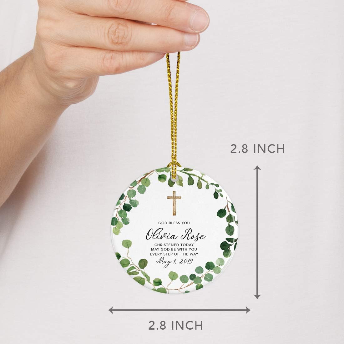 Andaz Press Personalized Round Ceramic Porcelain Christmas Ornament Keepsake Collectible Gift, God Bless You Olivia Rose Christened Today, Farmhouse Eucalyptus Wreath, 1-Pack