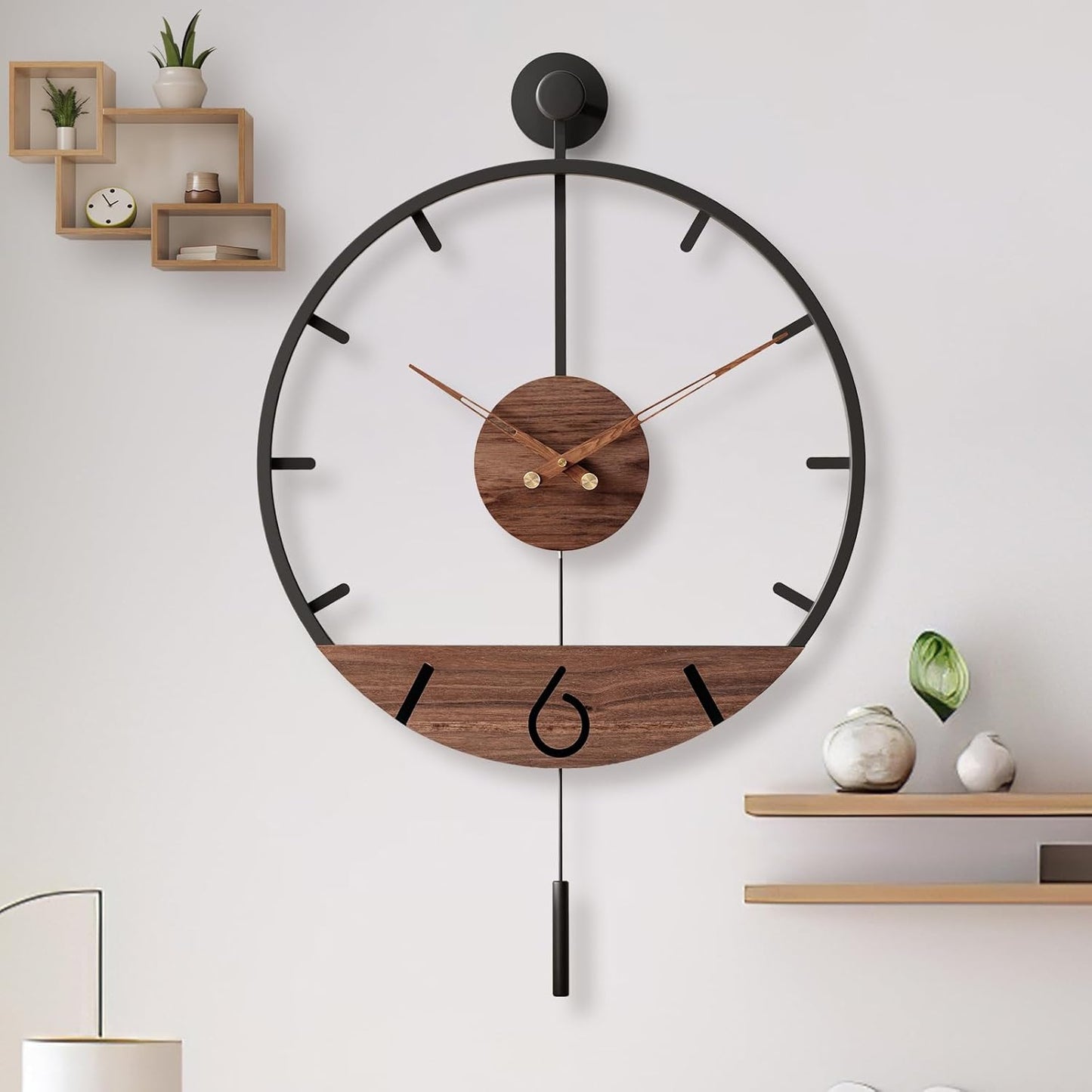 34.6×24 Inch Large Modern Decorative Pendulum Wall Clock,Big Metal Farmhouse Oversized Silent Wall Clocks Minimalist Elegant Walnut Dial Pointers for Living Room,Office,Dining Room Decor