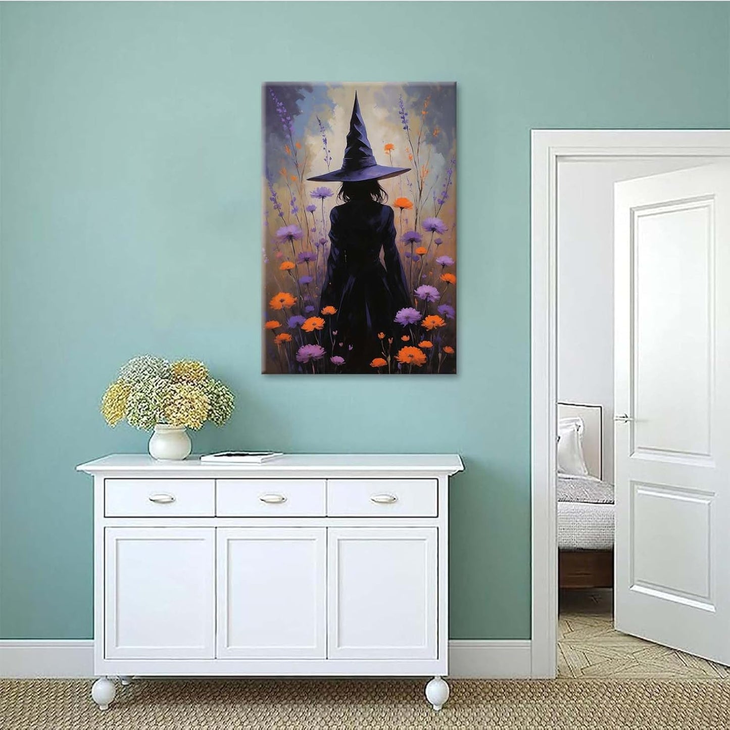 JFHCQJPK Country wildflower witch canvas print halloween mashup art witch purple decoration bohemian elegant art poster28x40in Frameless
