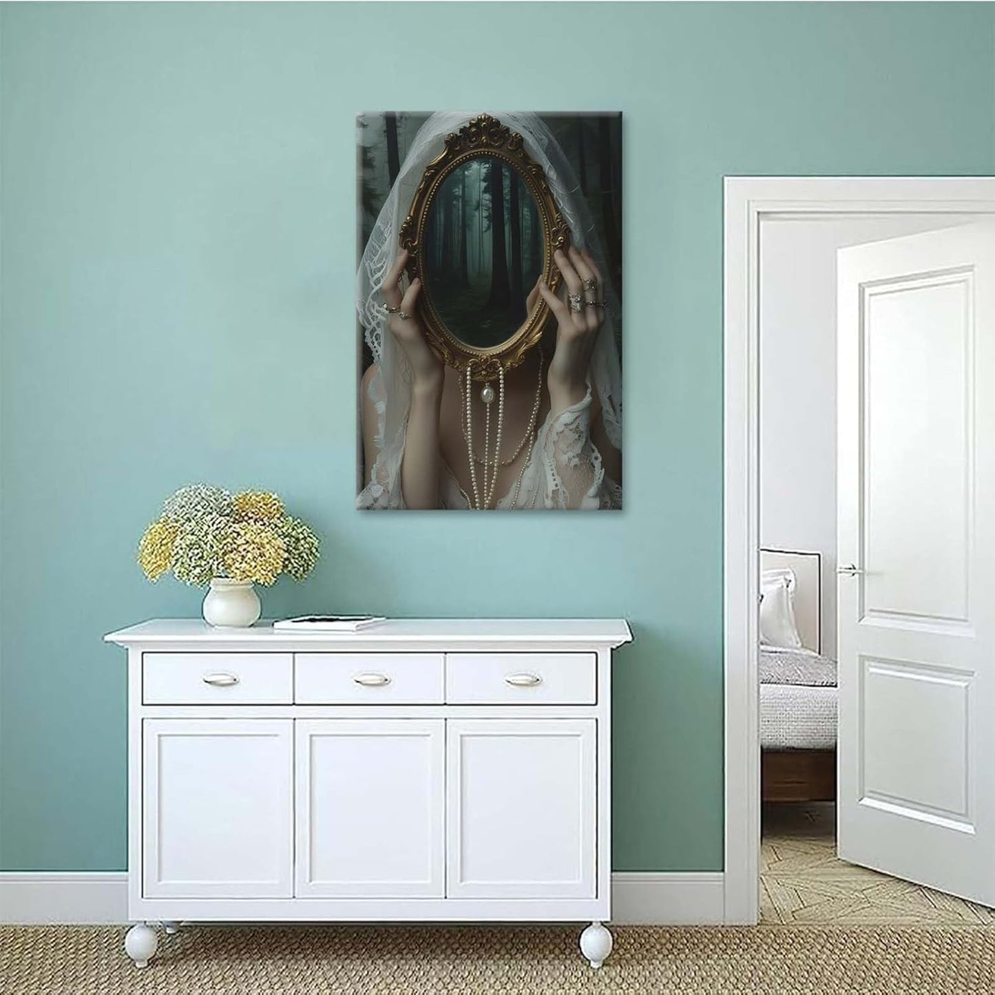 Mirror face covering dark art poster print melancholy gothic painting vintage feminine print victorian style decoration antique art24x36in Wood Framed