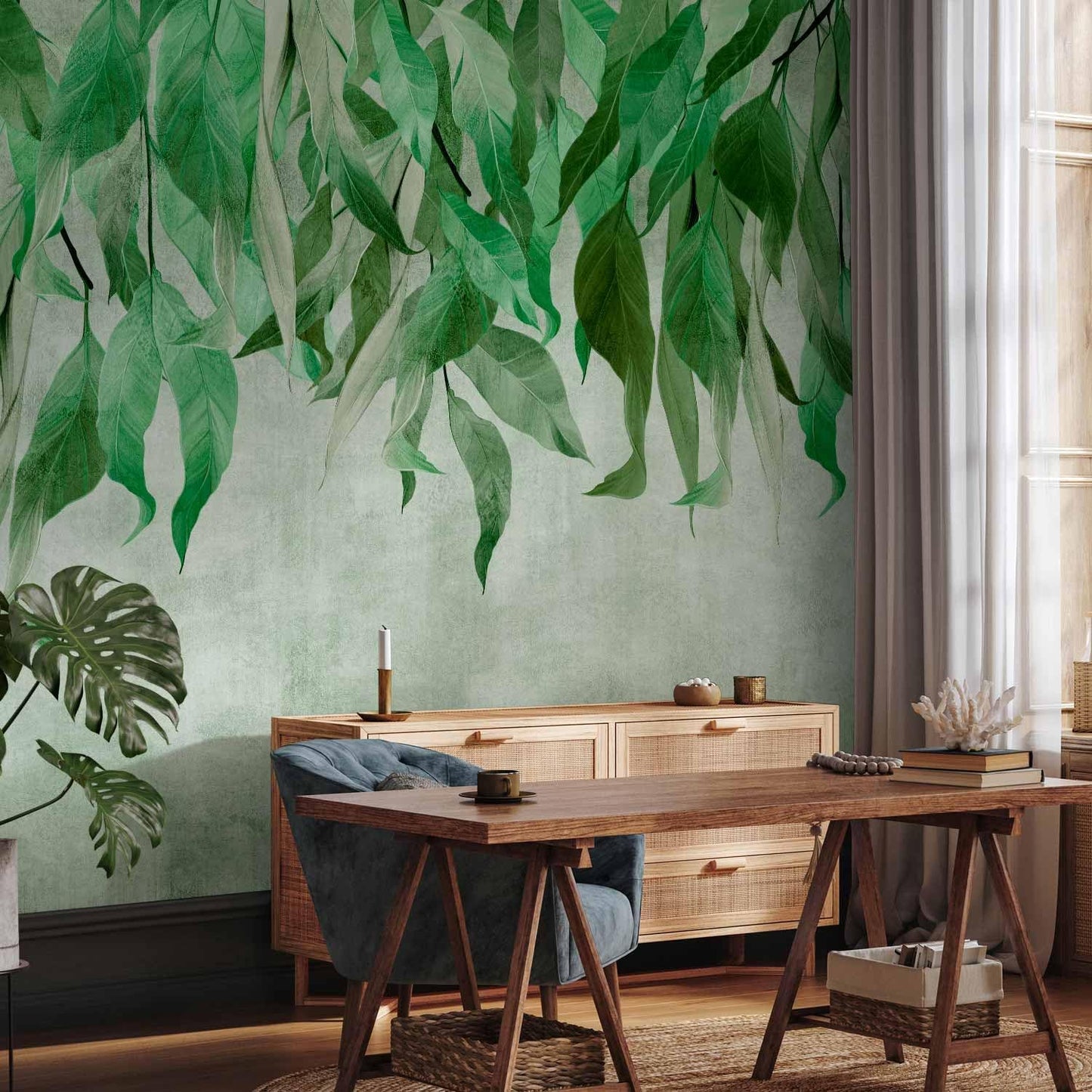 artgeist Wall Mural Hanging Leaves 77x55 in - Peel and Stick Self-Adhesive Wallpaper Removable Large Sticker Foil Wall Decor Print Picture Image Design Nature Botanical Concrete Green b-C-10146-a-a