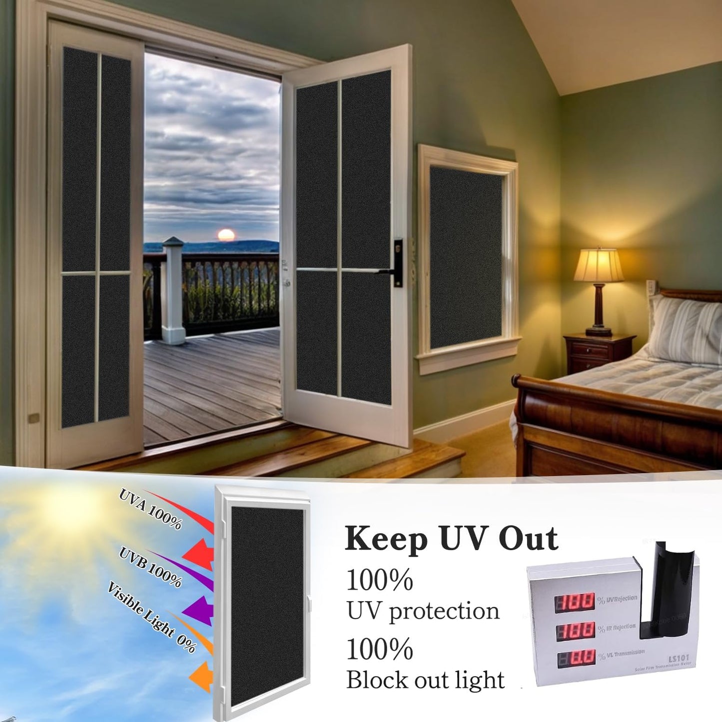 DUOFIRE Blackout Window Film Completely Light Blocking Privacy Window Film Room Darkening Frosted Tint Films for Day Sleep, Non Adhesive Static Cling Films DT-C009 (17.4 x 118 Inch)