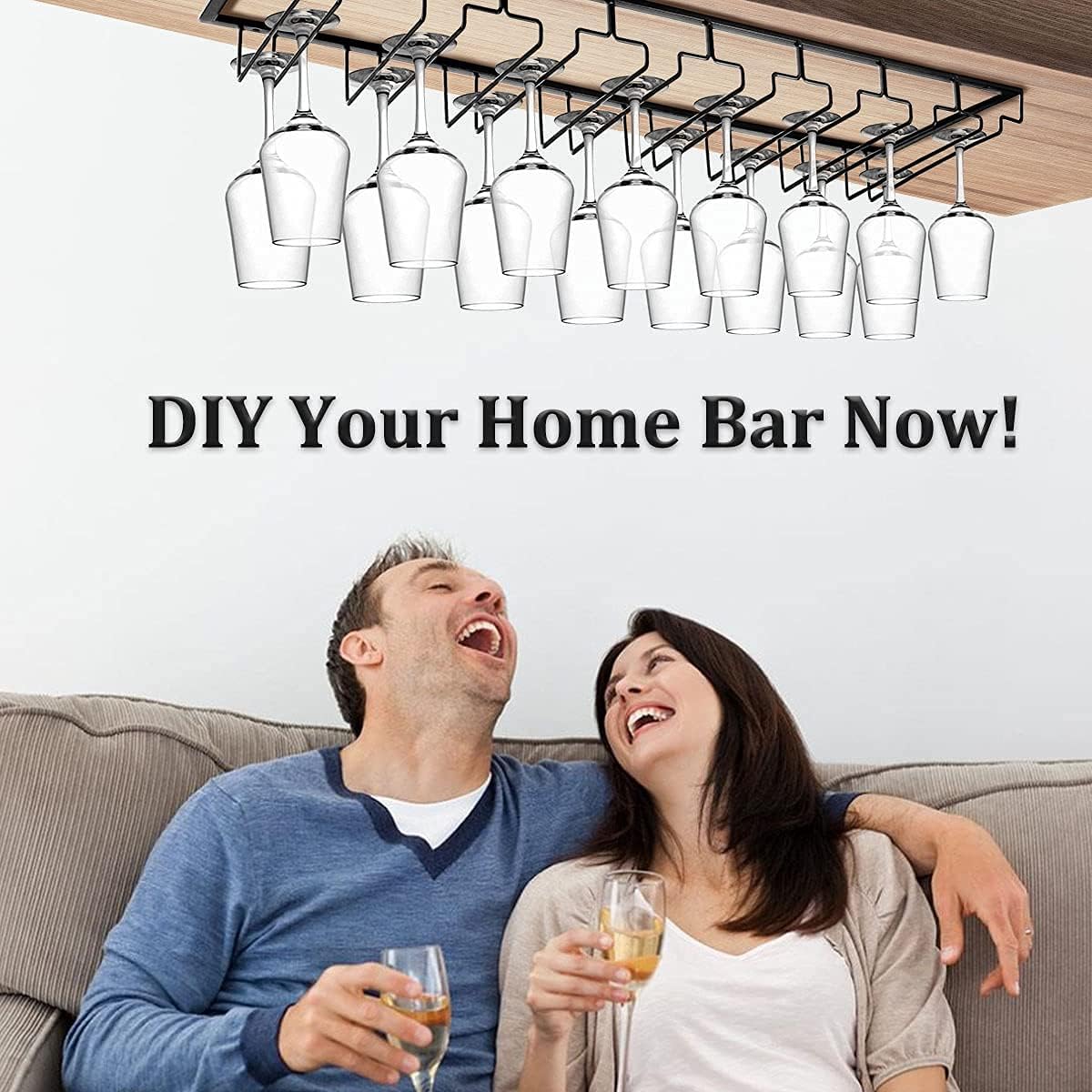 Xverycan Wine Glass Rack Under Cabinet, 8 Row Extreme Large Stemware Hanger, Metal Wine Goblet Holder, DIY Bar Glass Storage Rack for Bar Counter, Kitchen, Screws Included (Black)