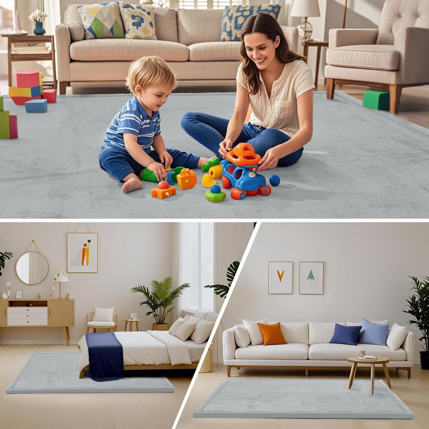 ACOMOPACK Baby Play Mat for Floor,1.3" Thick Memory Foam Area Rug for Living Room,Soft Velvet Crawling with Non-Slip Bottom for Kid,Toddler,71"×79" Tummy Time Nursery Rugs,Yoga(Light Grey)