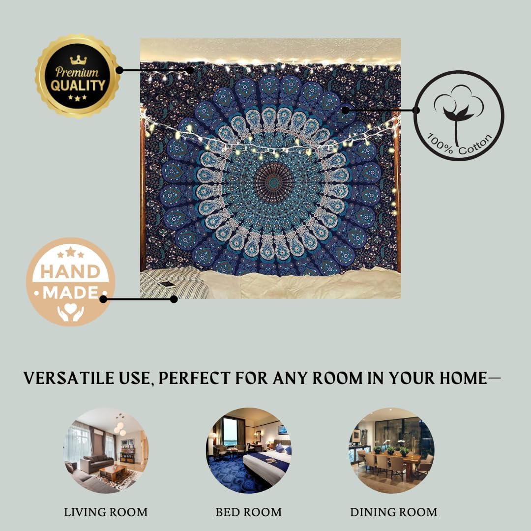 Bless International Handmade Indian hippie Bohemian Psychedelic Peacock Mandala Wall hanging College Dorm Beach Throws Table Cloth Bedding Tapestry (Golden Red Green, Queen(84x90Inches)(215x230Cms))