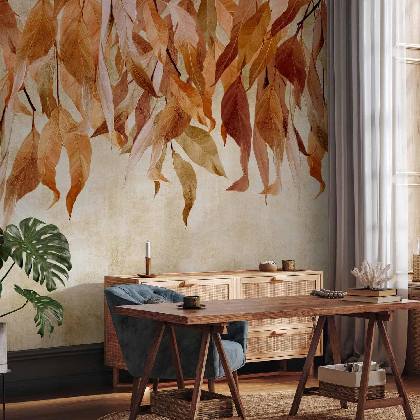 artgeist Wall Mural Hanging Leaves 96x69 in - Peel and Stick Self-Adhesive Wallpaper Removable Large Sticker Foil Wall Decor Print Picture Design Nature Botanical Concrete Orange b-C-10146-a-c
