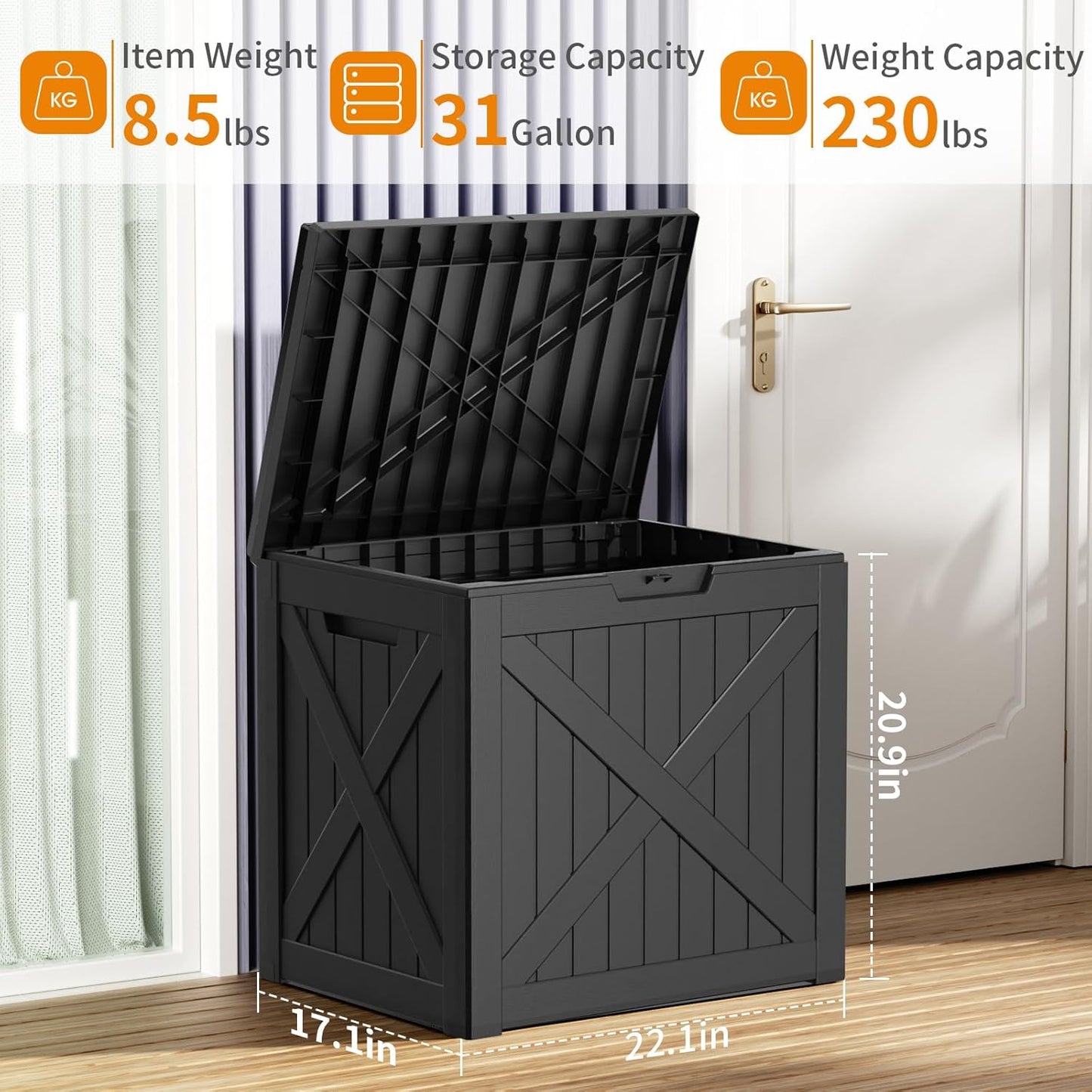 Vixzen 32 Gallon Resin Deck Box - Lockable Outdoor Storage for Patio Cushions, Garden Tools, Pool Supplies,Black