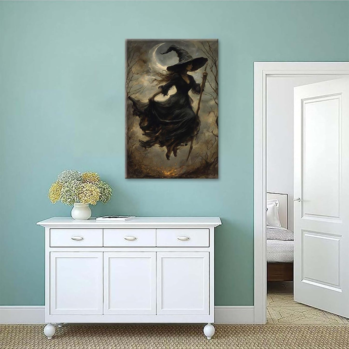 Witch in the Forest Halloween Print Wall Art Poster Witch Decor Vintage Print Dark College Wall Art Victorian Gothic Room Decor Canvas Wall Print8x12in Wood Framed