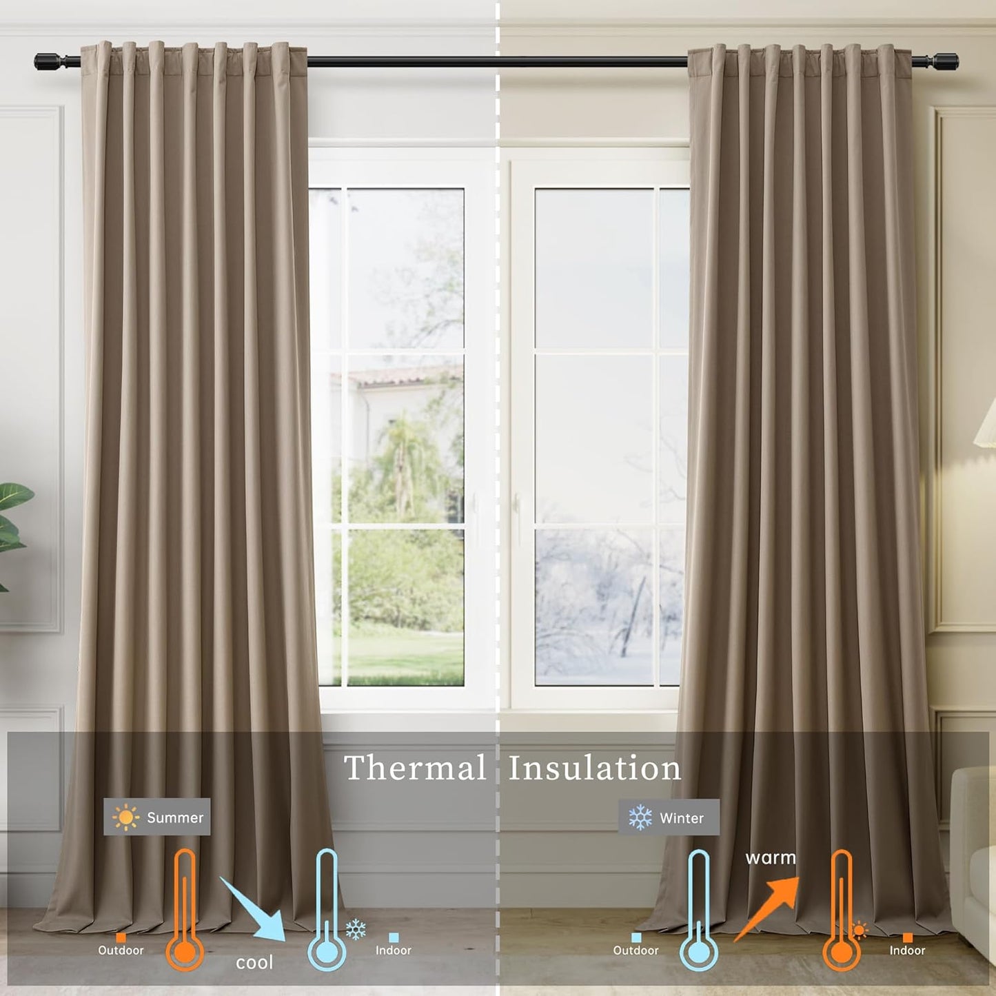 BOODII Blackout Curtains for Bedroom 80 Inch Length 2 Panels Set Room Darkening Linen Curtains Light Brown Black Out Curtain Neutral Thermal Insulated Living Room Nursery Drapes Back Tab 52x80