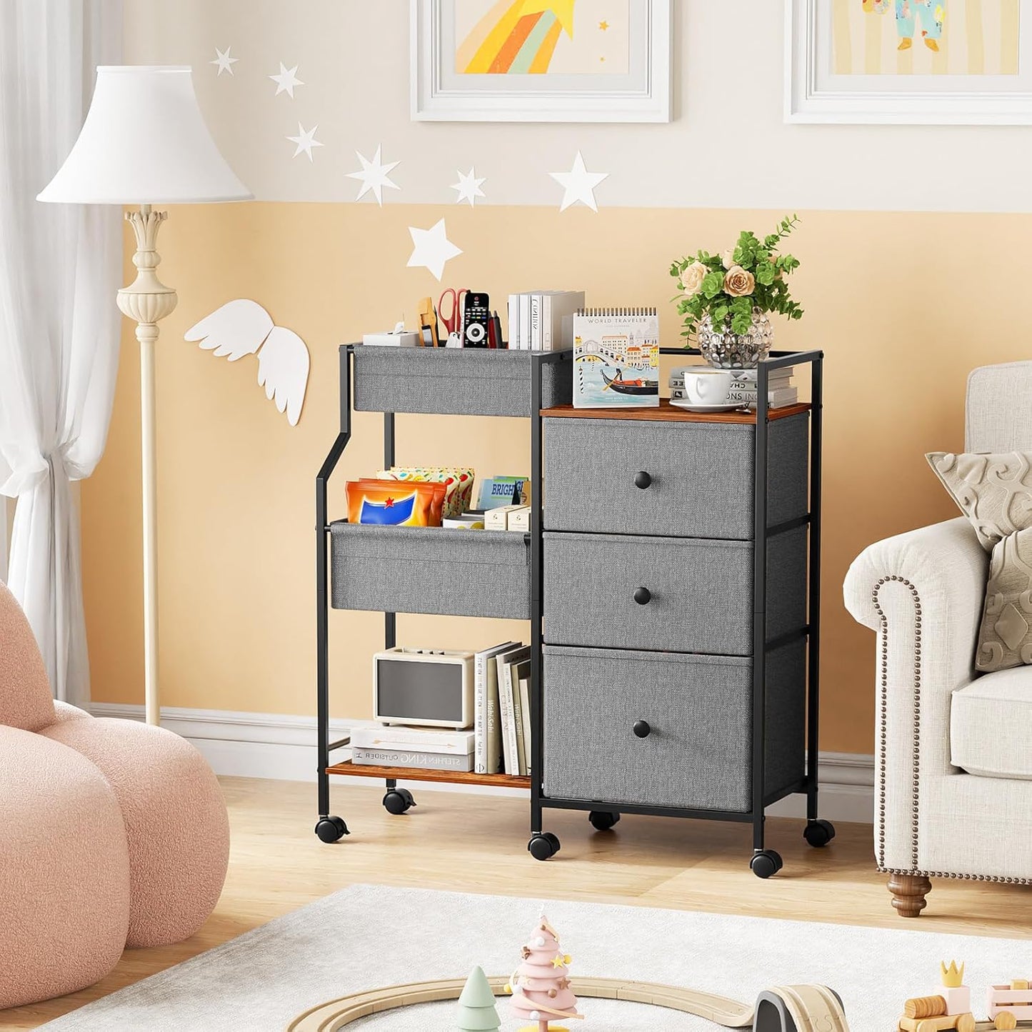 Baby Diaper Caddy Organizer and Storage - 3 Tier Rolling Cart with Dividers and Drawers, Easy To Assemble, Mobile Utility Cart with Wheels for Nursery, Bedroom, Changing Table & Crib