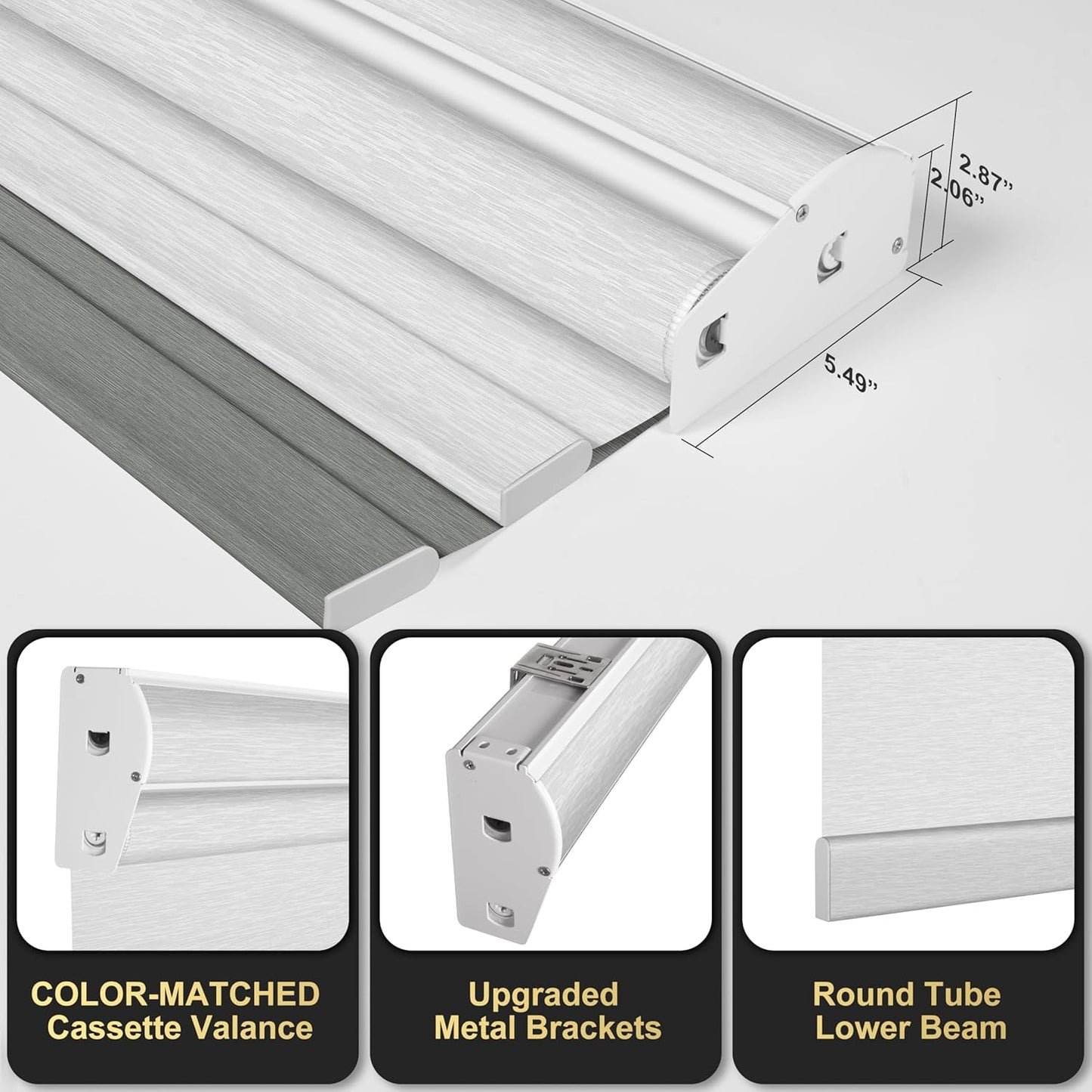 BERISSA Cordless Dual Roller Shades with Cassette Valance, Blackout and Light Filtering Day and Night Shades for Home Office, Door. Grey and White. 55 W x 64" H