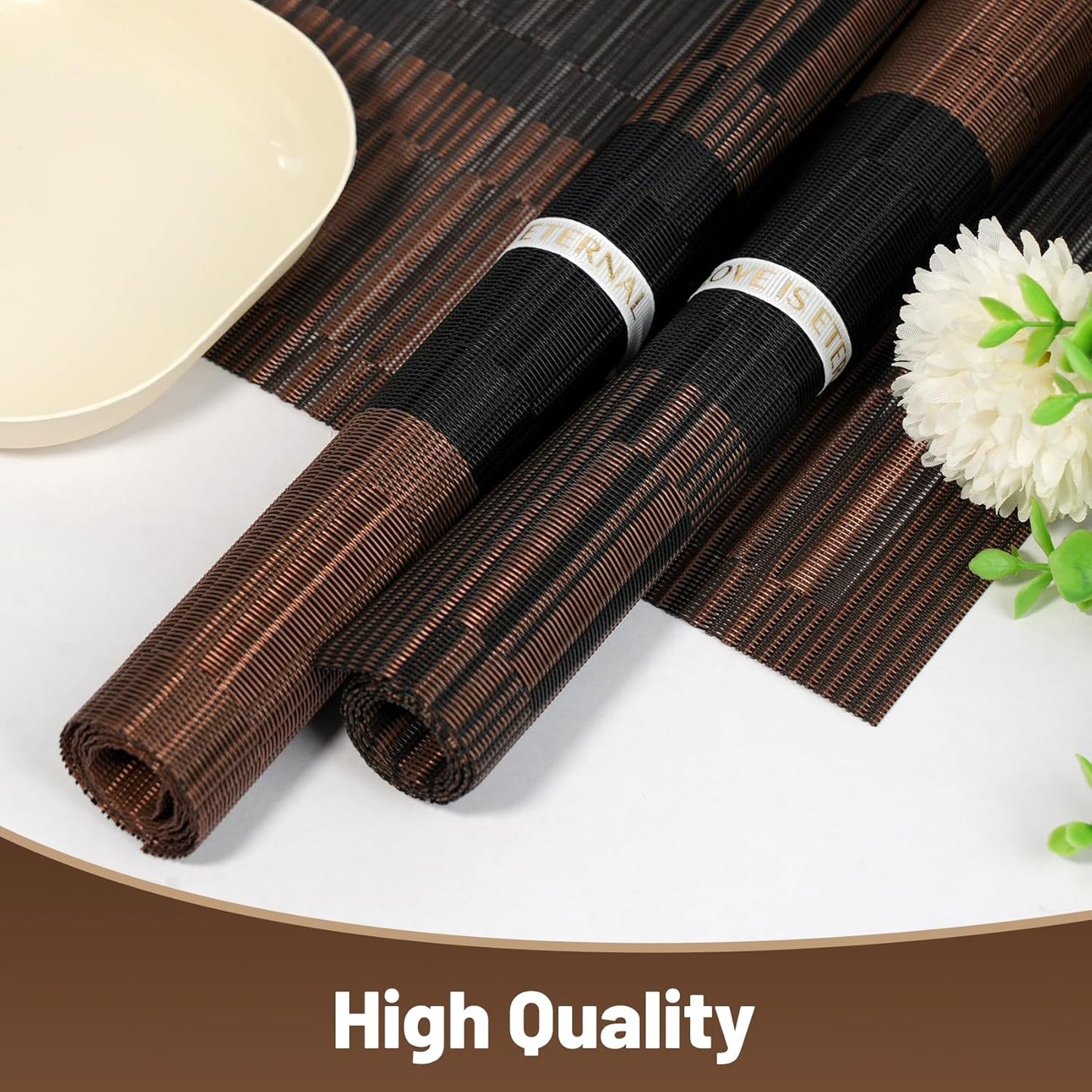 Placemats Set of 12,Non-Slip PVC Weave Table Mats Easy to Clean,Heat Resistant Place Mats for Kitchen Dining Table Decoration Indoor Outdoor,Black Brown