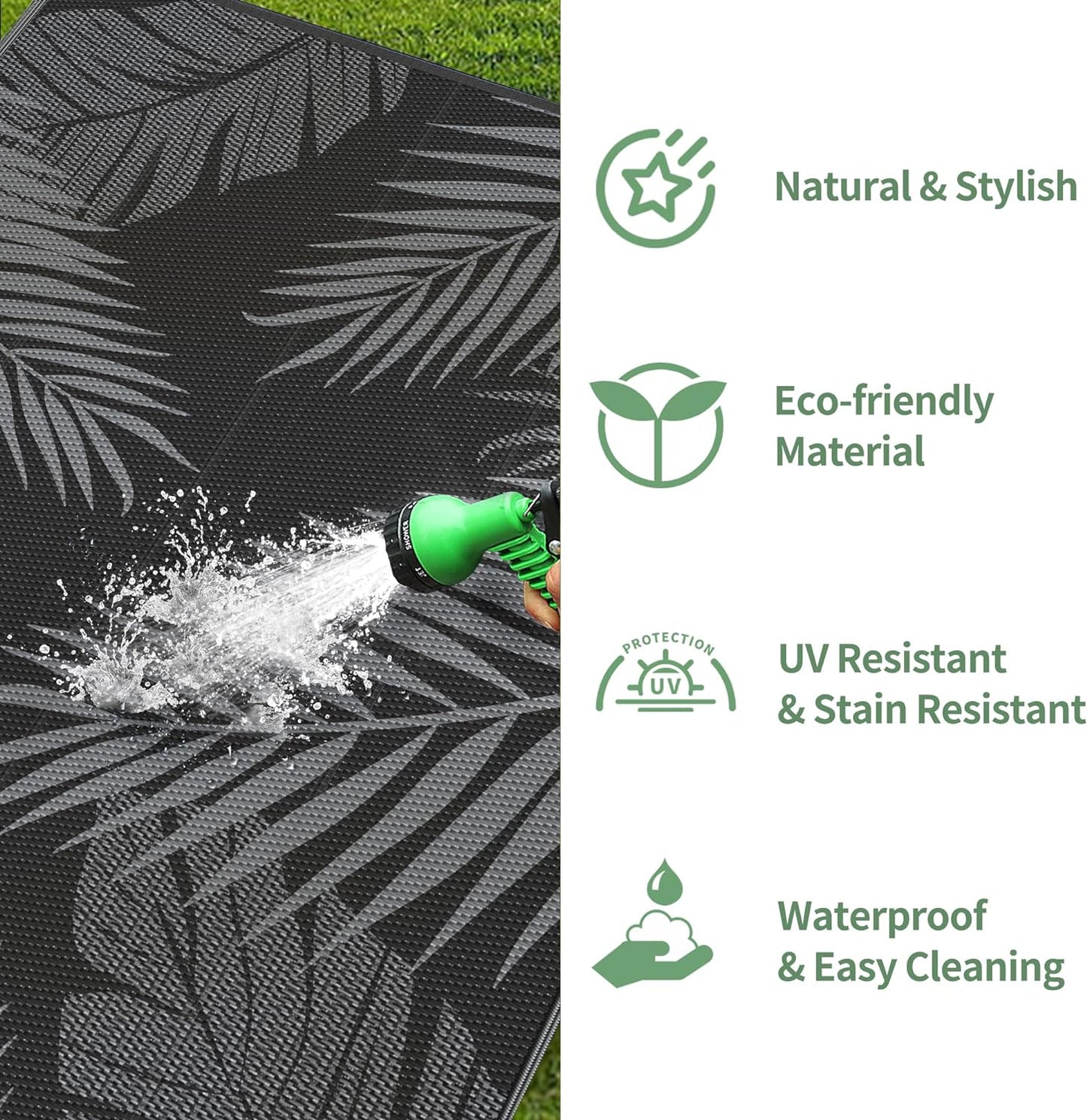 GENIMO Outdoor Rug 10' x 14' Waterproof for Patios Clearance, Reversible Outdoor Plastic Straw Camping Rug Carpet, Large Area Rugs Mats for RV, Camper, Deck, Balcony, Porch, Beach, Picnic, Black&Grey
