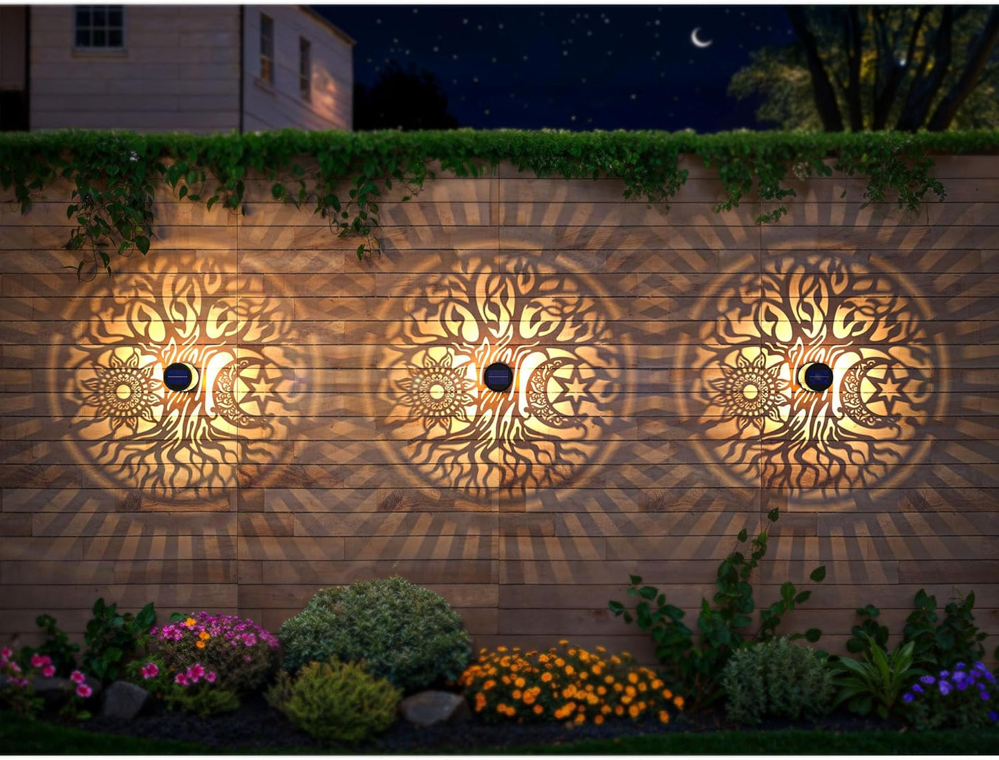 2 Pack Large Solar Fence Lights Metal Solar Powered Outdoor Wall Deck Step Lights Tree Theme Waterproof Fence Light for Garden Post Patio Backyard Yard Decor, Gardening Gifts for Women Mom Grandma