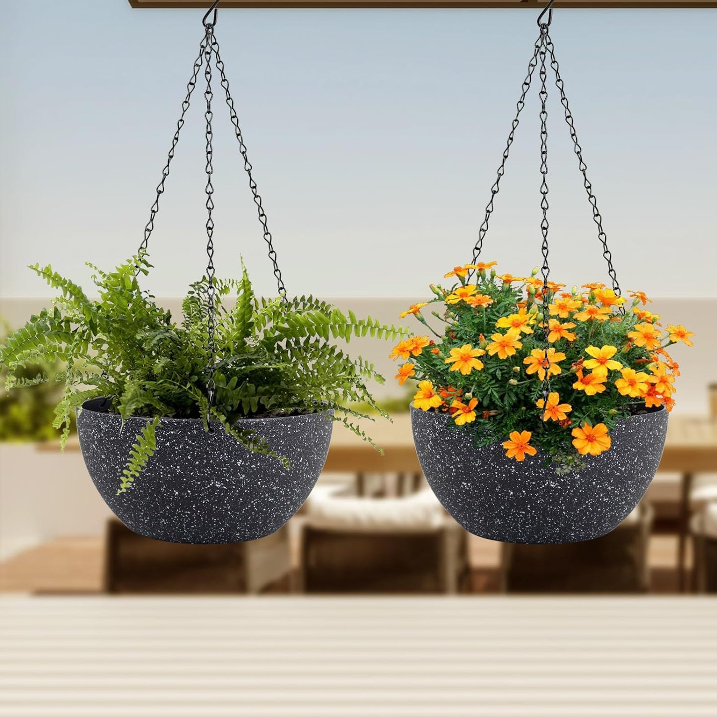 8 inch Small Hanging Planters for Indoor Outdoor Plants, 2 Pack Hanging Flower Plant Pots with Drainage Holes and Chain for Porch, Plastic Hanging Baskets for House Plants, Speckled Black