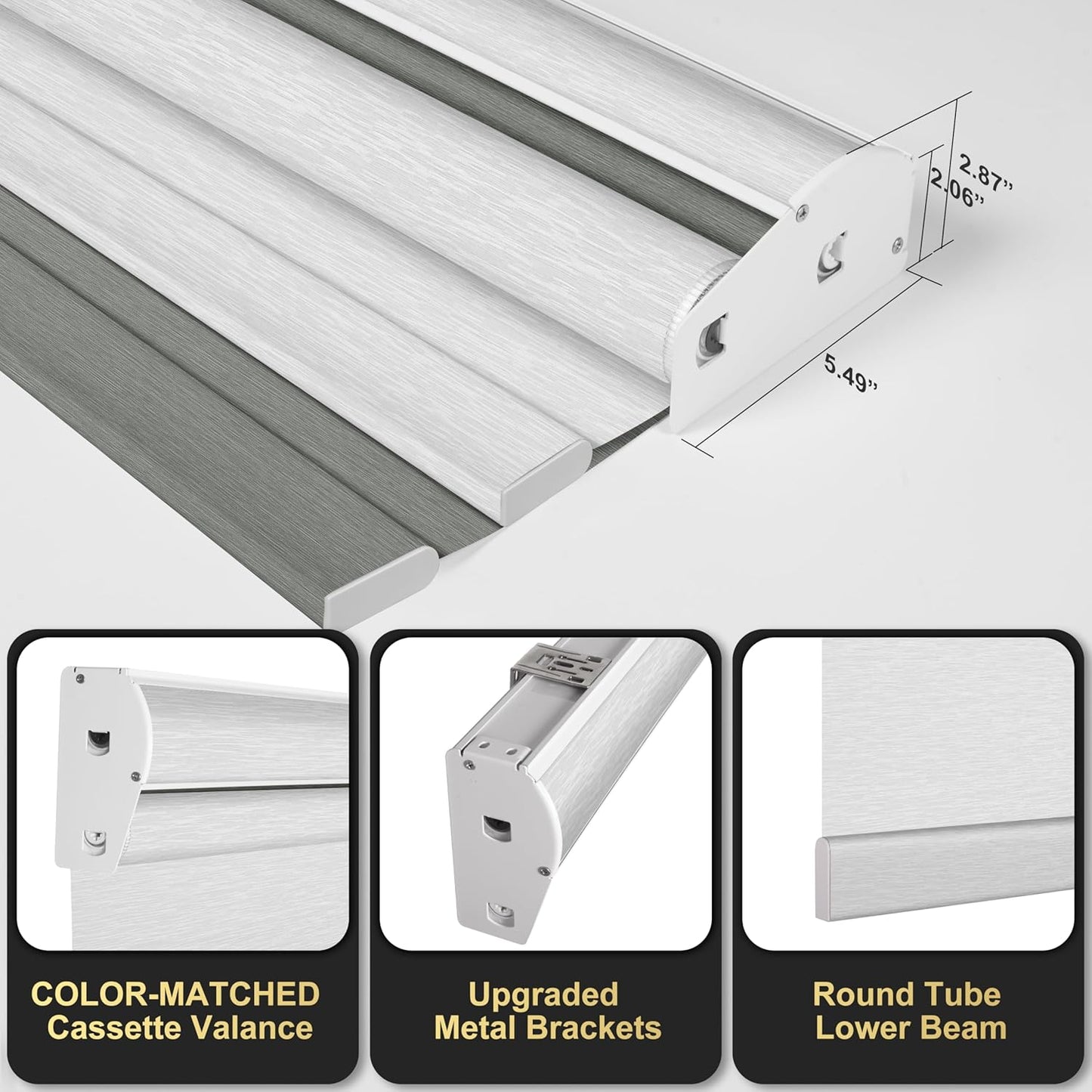 BERISSA Cordless Dual Roller Shades with Cassette Valance, Double Window Shades - Blackout and Light Filtering - Day and Night for Home Office Door, Grey and White - 33 W x 56" H