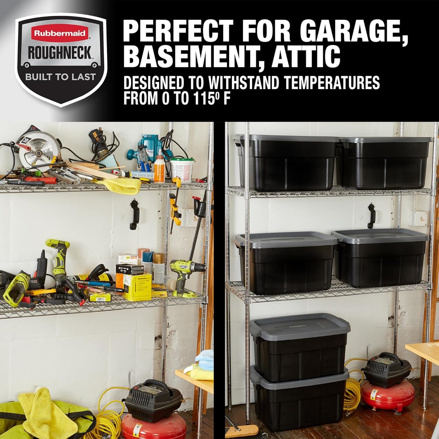 Rubbermaid Roughneck Tote 14 Gal, 6 Pack, Made in USA, Black & Gray, Rugged Plastic Stackable Storage Bins with Lids and Handles