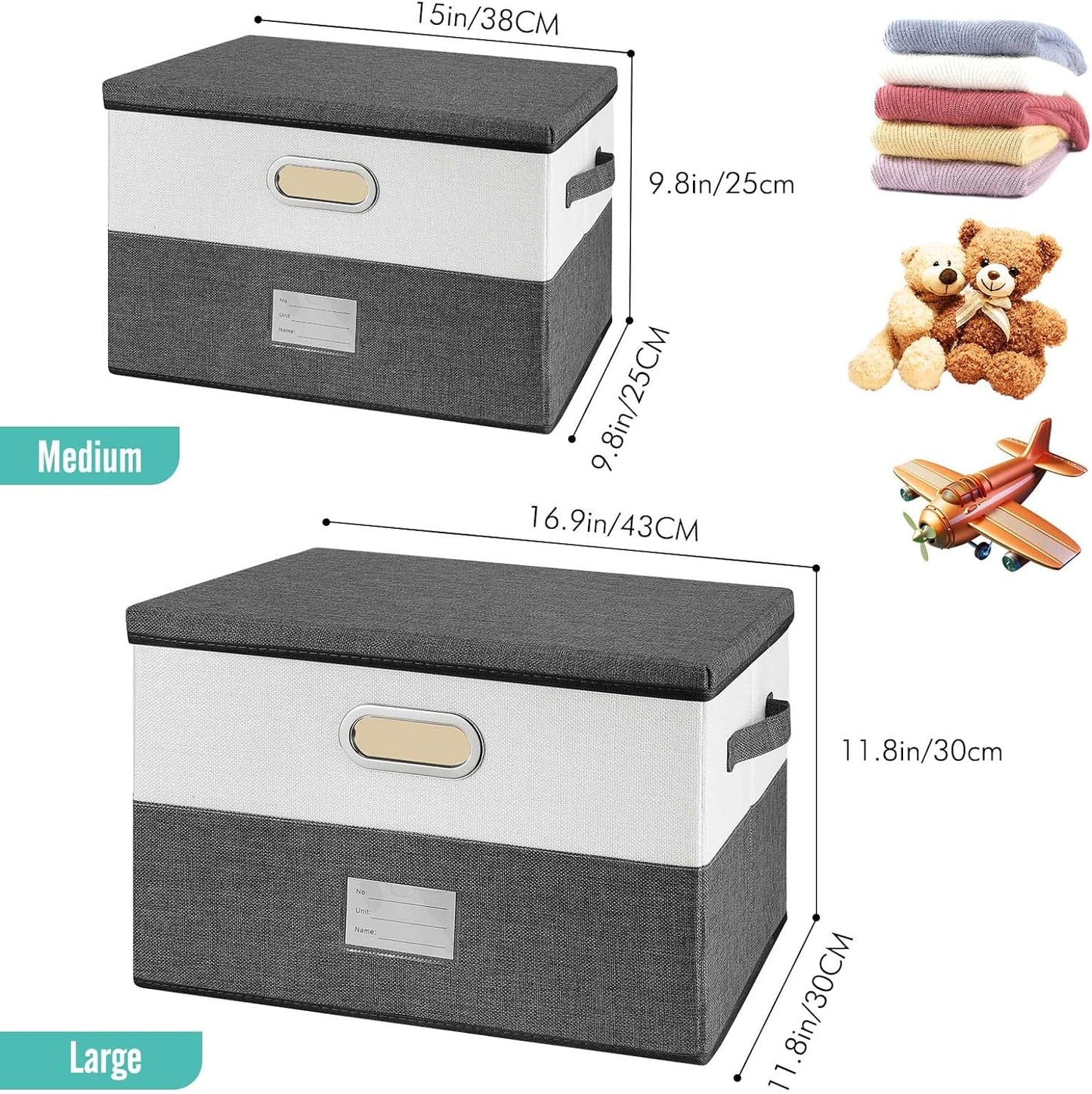 Large Linen Fabric Foldable Storage Bins with Removable Lid and Handles, Washable Storage Box Organizer Containers Baskets Cube with Cover for Bedroom,Office (Coffee&Cream, Medium(2-Pack))
