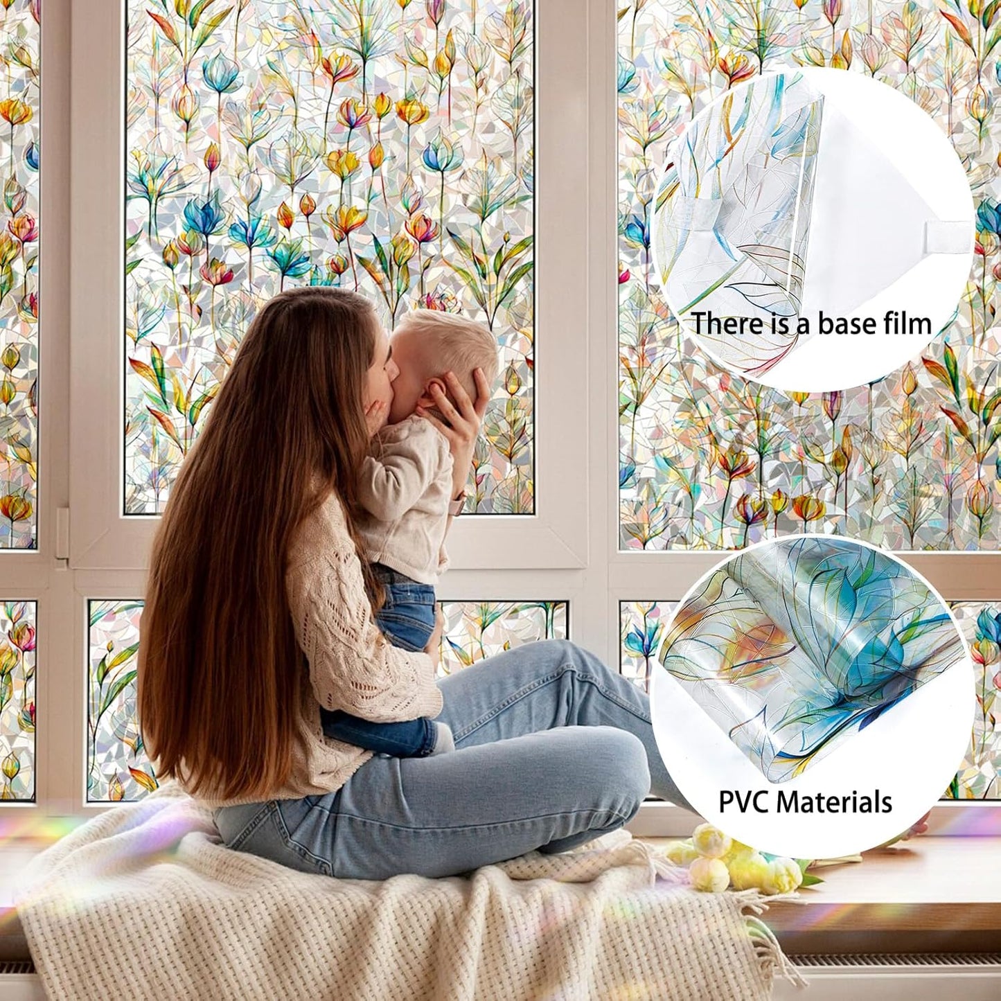 Rainbow Window Privacy Film 3D Floral Decorative Stained Glass Window Film Anti UV Non-Adhesive Reusable 23.6" x 157.4" for Home Room Car Glass Cling