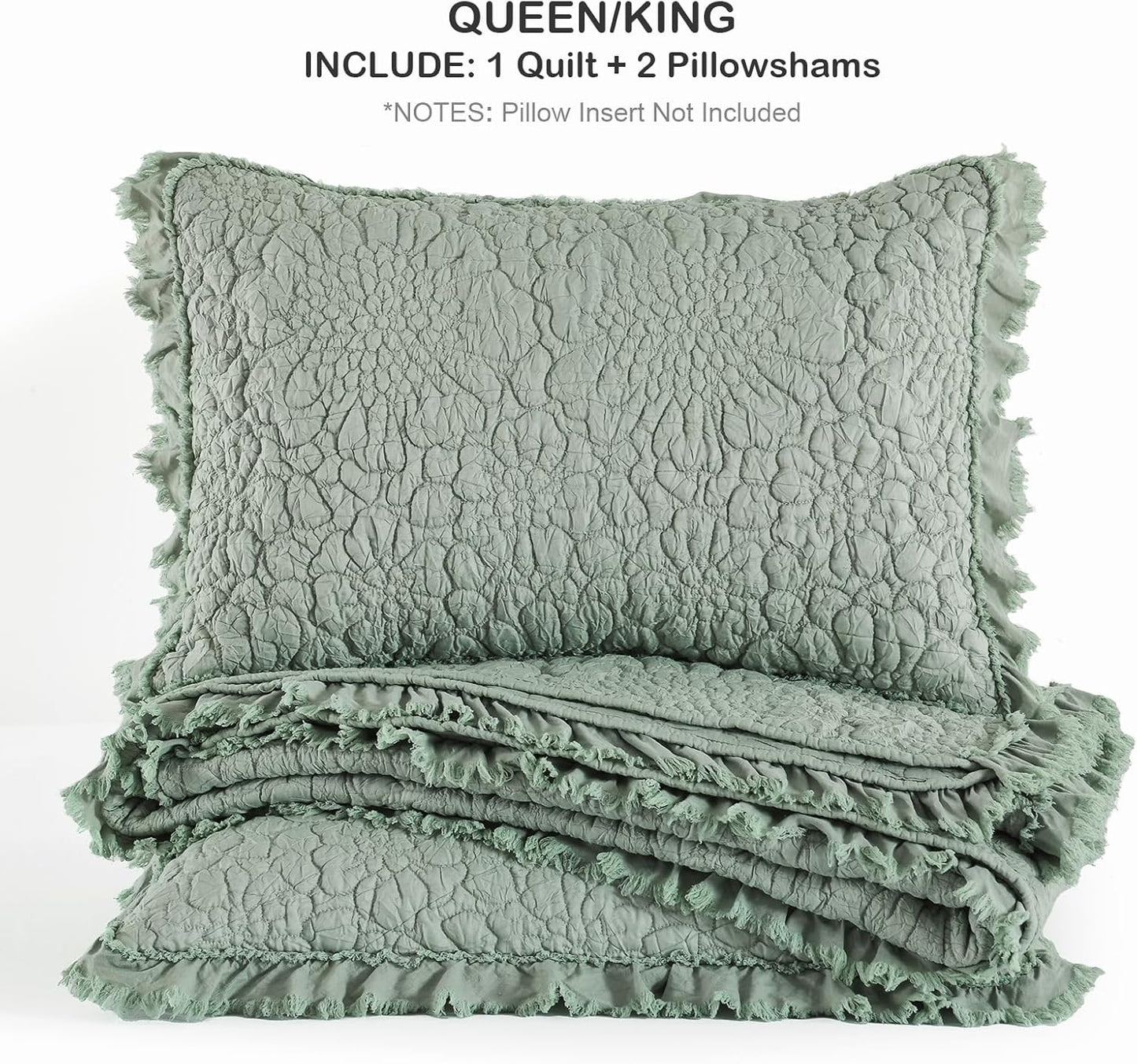 HORIMOTE HOME Sage Green Ruffled Quilt Queen Size, Stone-Washed Microfiber Lightweight Crinkled Farmhouse Rustic Shabby Chic Bedding Set, 3 Pieces Reversible Bedspread with Pillow Shams for All Season