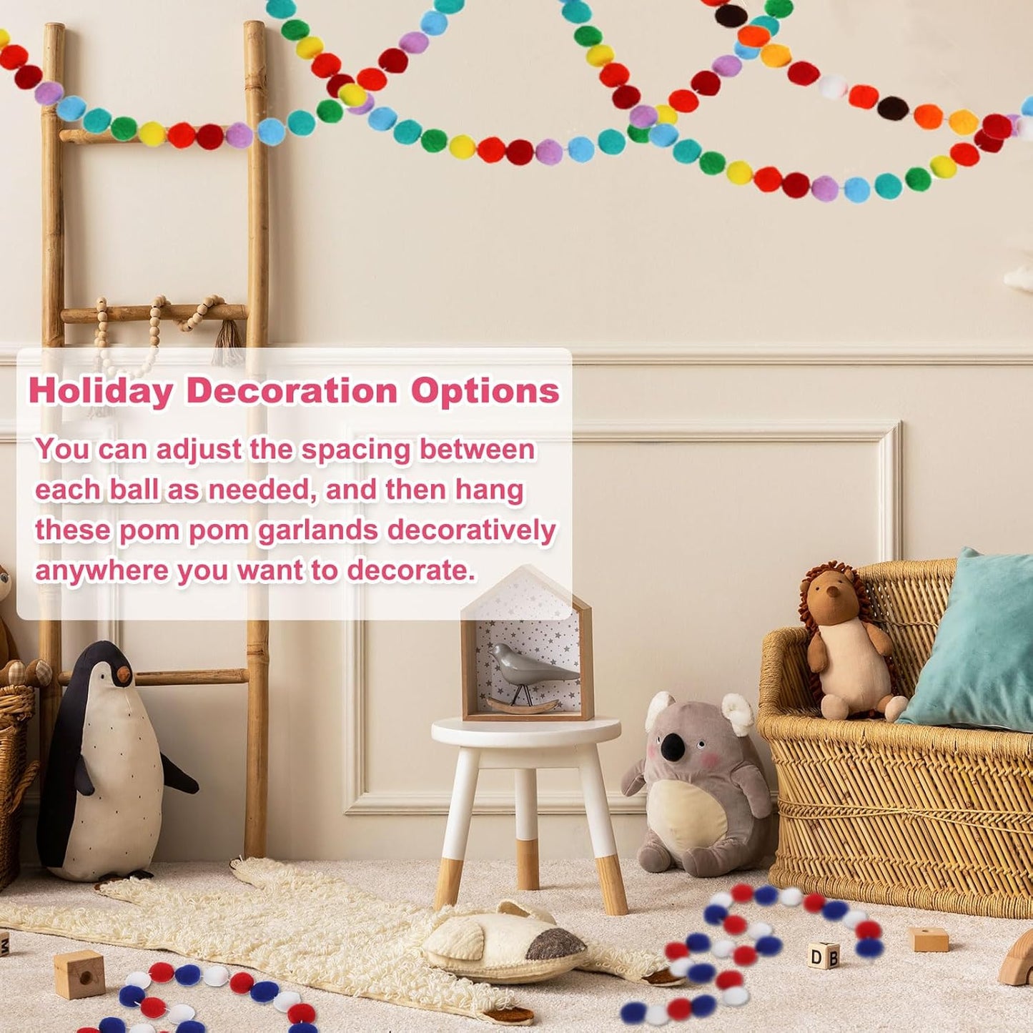 PATIKIL 13Ft Pom Pom Garland Decorations, 2Pcs Colorful Felt Ball Garland Banner Cute Rainbow Pompom Hanging Decorations for Tree Ornaments Decor, Pink/Green/Yellow/Purple/Blue/Orange