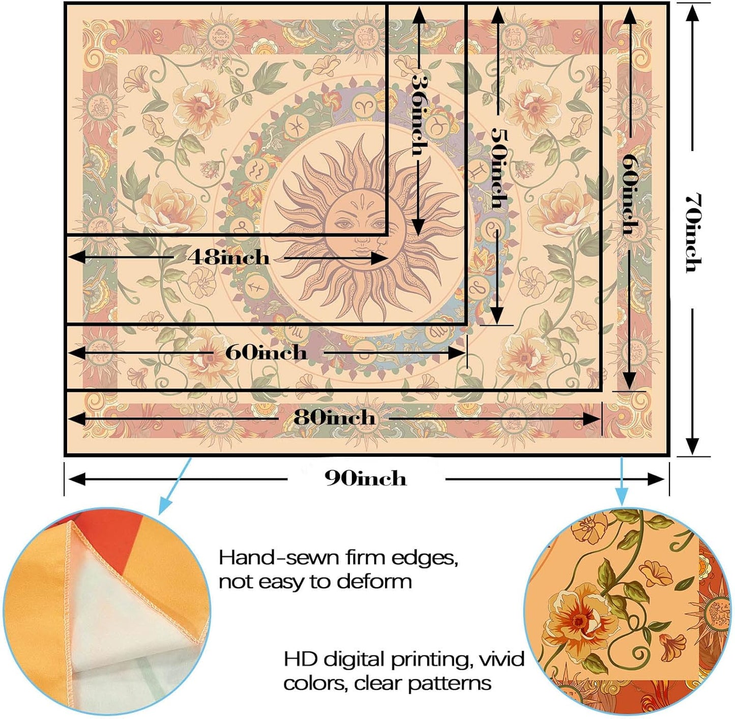 Aipon Yellow Sun and Moon Tapestry Hippie Indie Tapestries Boho Orange Flower Floral Tapestry Wall Hanging Cool Vintage Aesthetic Wall Tapestry for Bedroom Living Room Dorm (80'' Ă 60'', Orange)