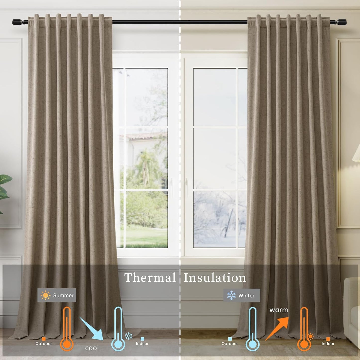 BOODII Matcha Brown Linen Blackout Curtains for Bedroom 84 Inch Length 2 Panels Set Room Darkening Curtains Black Out Curtain Neutral Thermal Insulated Living Room Winter Window Drapes Back Tab 52x84