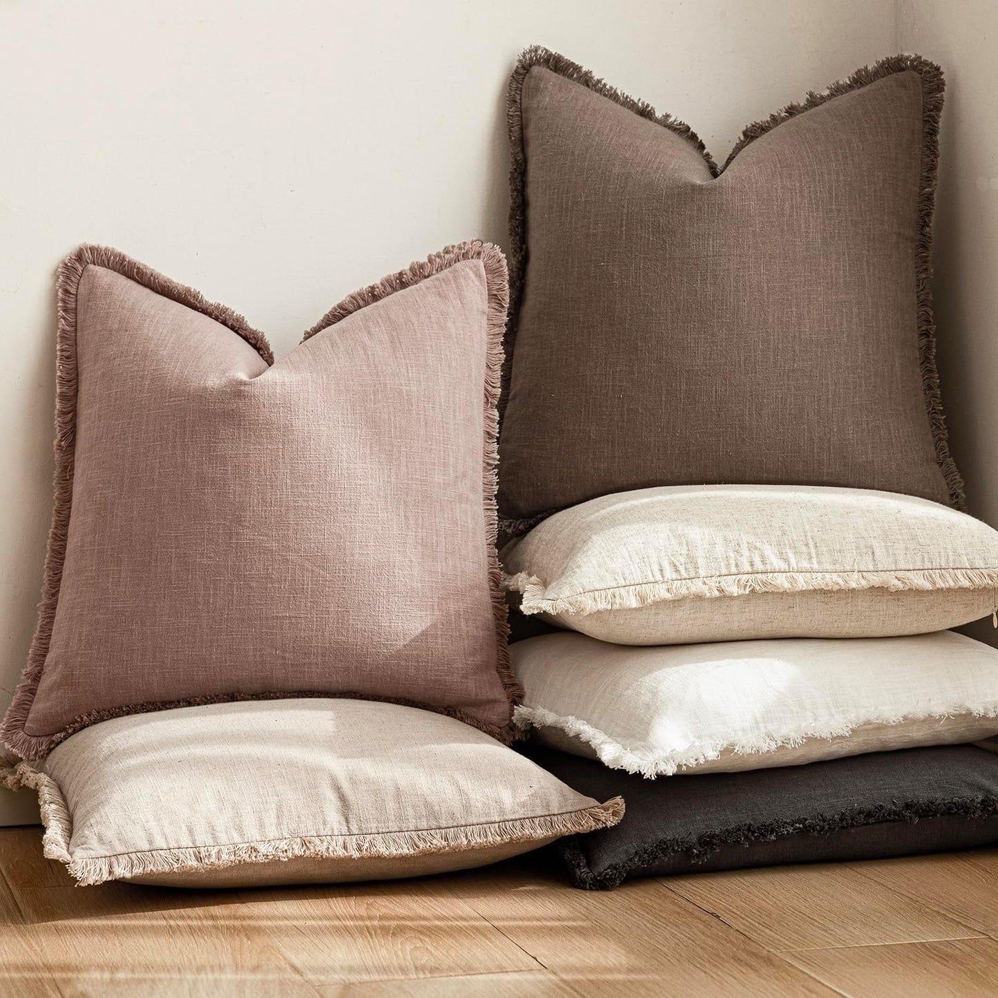 Foindtower Set of 2 Decorative Linen Fringe Lumbar Throw Pillow Covers Farmhouse Cushion Cover with Tassels Soft Accent Pillowcase for Couch Sofa Bed Living Room Home Decor,12×20 Inch,Dusty Pink