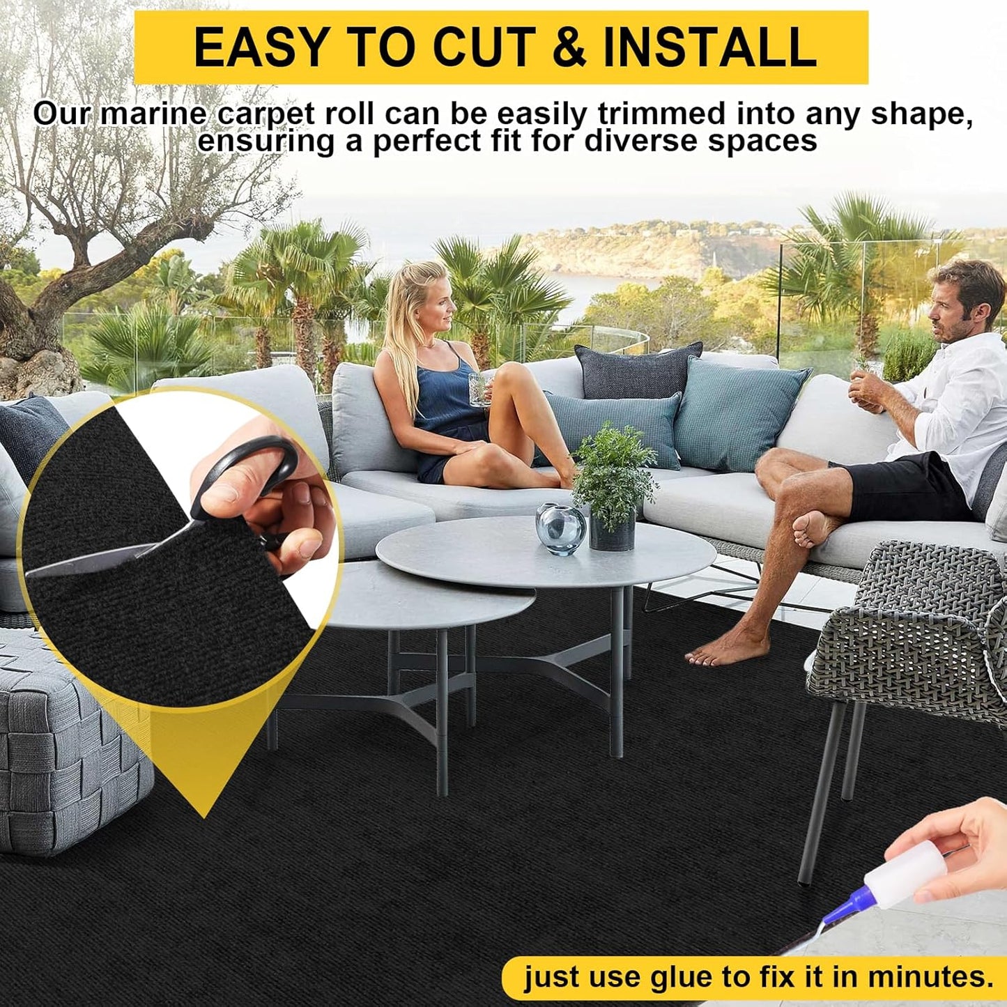 Marine Carpet, 6 FT x 14 FT Black Indoor/Outdoor Area Rug, 0.2" Thick, Waterproof, Non-Slip