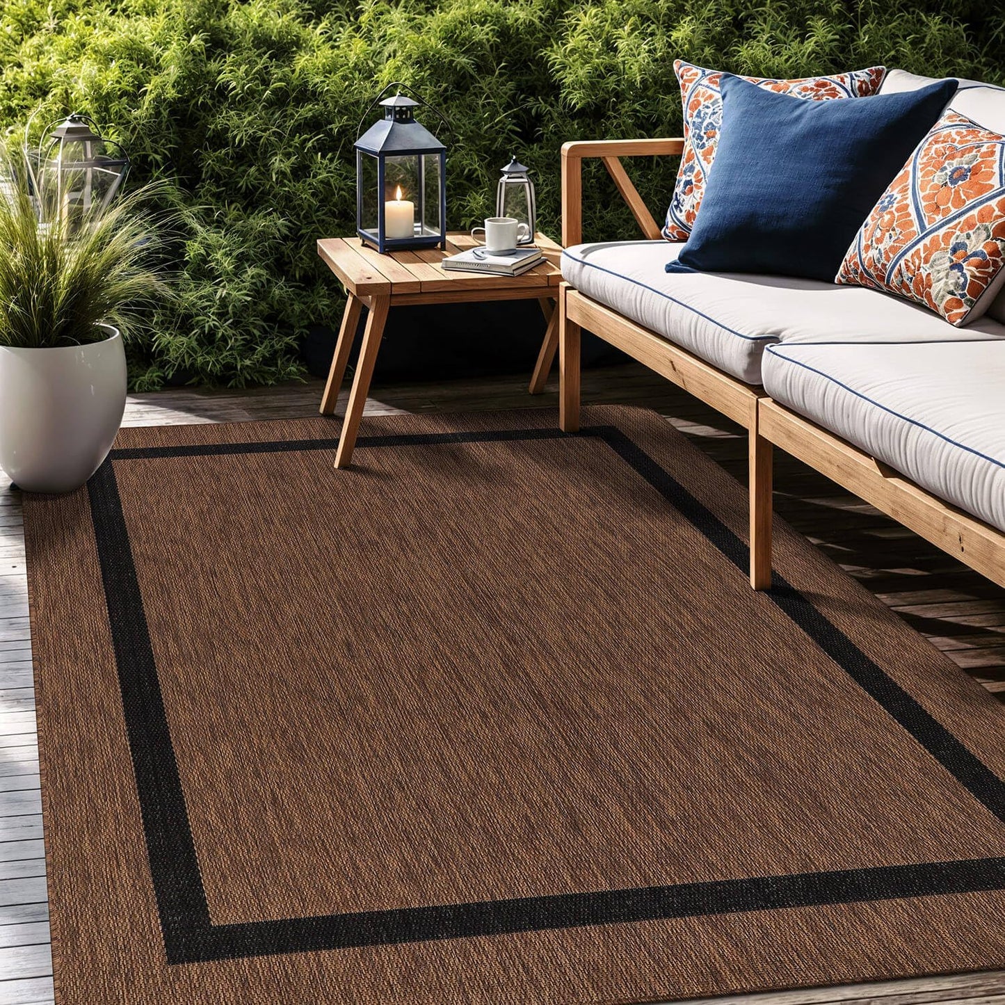 Bordered Outdoor Rug 9x12 Washable Outside Carpet for Indoor Patio Porch Waterproof Easy Cleaning Non Shedding Area Rugs Nut Brown - Black 9 x 12