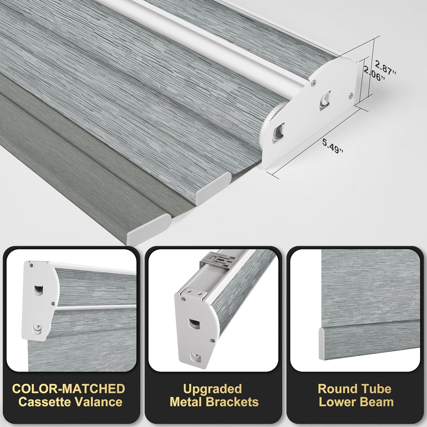 BERISSA Cordless Dual Roller Shades with Cassette Valance, Double Window Shades - Blackout and Light Filtering, Day and Night for Home Office Door. Striped Jacquard Grey. 38 W x 80" H