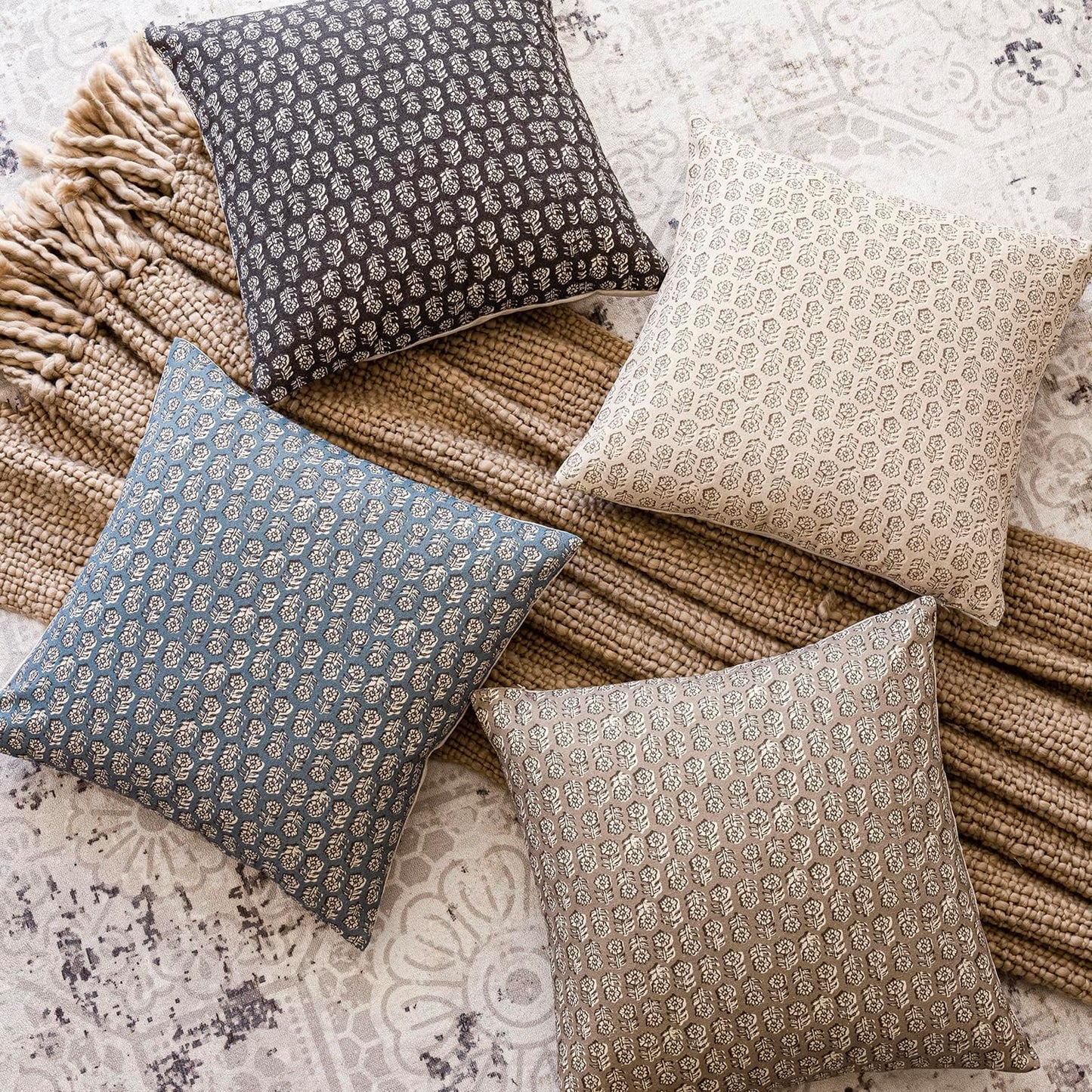 Foindtower Set of 2 Decorative Neutral Floral Print Throw Pillow Covers Vintage Accent Farmhouse Cushion Covers Boho Home Decor for Sofa Chair Couch Bedroom Living Room Outdoor,18×18 Inch,Ivory Beige