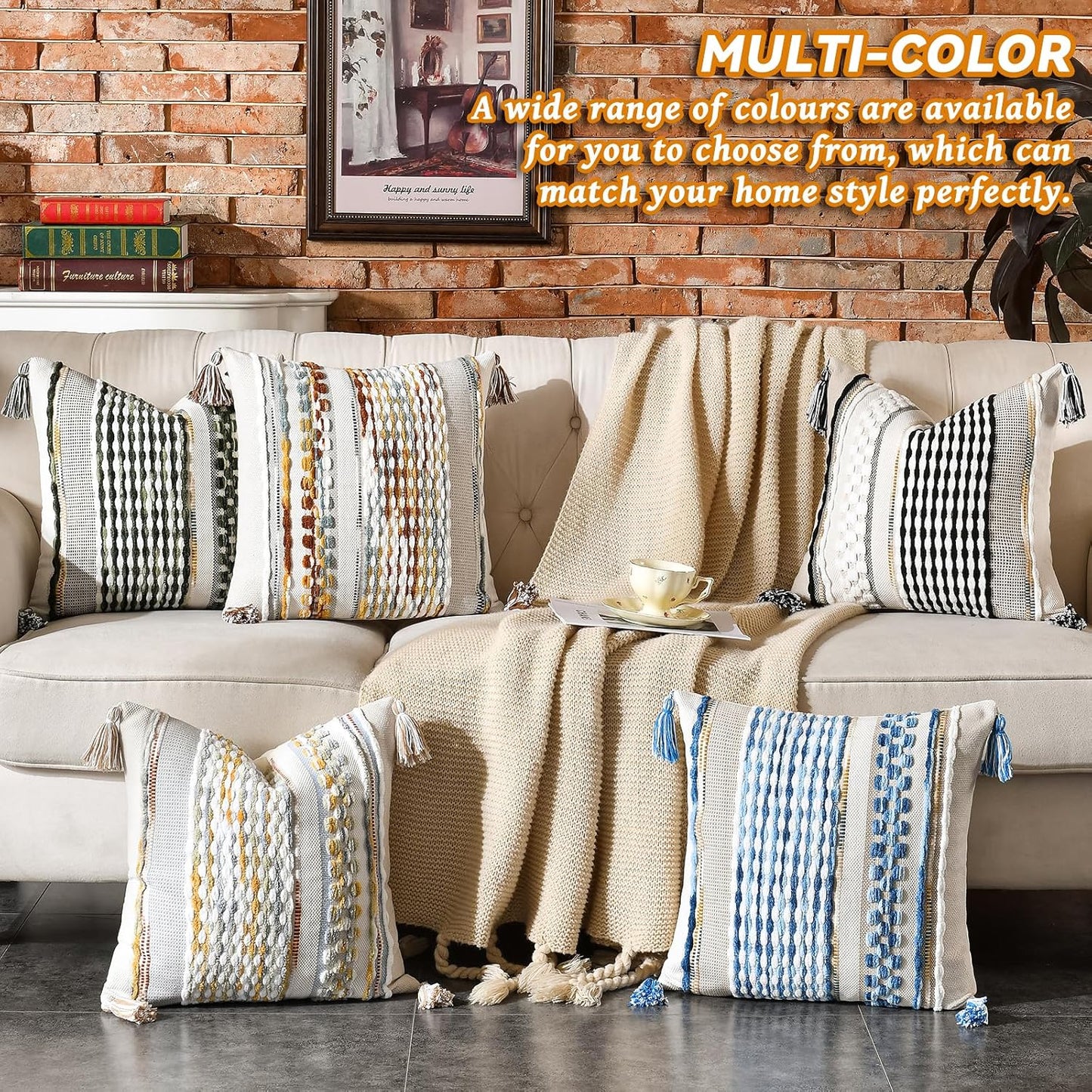 AmHoo Set of 2 Chenille Striped Textured Boho Throw Pillow Covers Aesthetic with Tassels Woven Decorative Pillow Case for Couch Bed Sofa Bedroom Modern Funky 18 x 18-Inch Sky Blue
