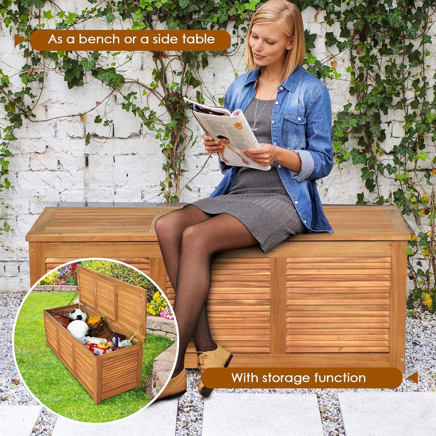 Tangkula 46 Gallon Acacia Wood Deck Box, Garden Backyard Storage Bench, Outdoor Storage Container for Patio Furniture Cushions and Gardening Tools (Natural)