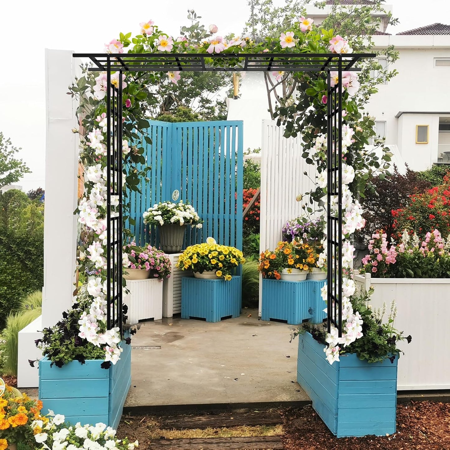 Metal Garden Arch Arbor Trellis Climbing Plants Outdoor Black Flat Top or Arch, Adjustable Width W42.52''~W78.15'', for Lawn Wedding Party Archway