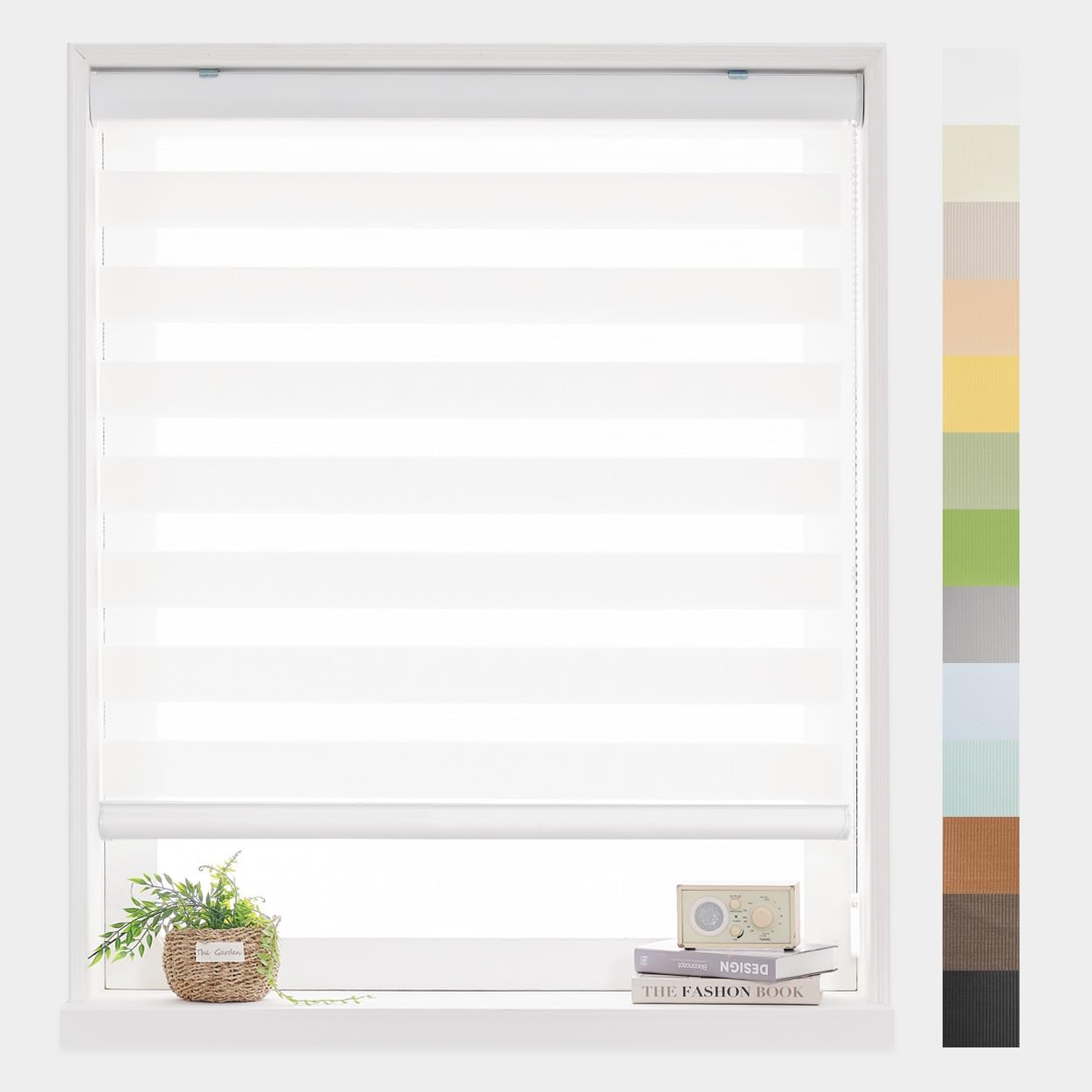 Foiresoft Standard Zebra Roller Blinds for Windows [W44 x H64 Inch, White, Basic], Light Filtering Dual Layer Shades for Bedroom, Living Room, Office, 13 Colors