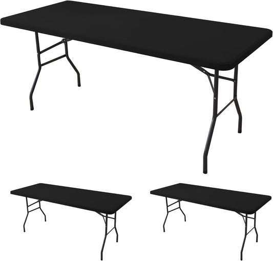 Fitted Tablecloth for 6 Foot Rectangle Tables-2 Pack Black Elastic Outdoor Picnic Table Cover-Spandex Stretch Folding Table Cloths 6 ft for Camping Dining Room Patio Kitchen Banquet Party