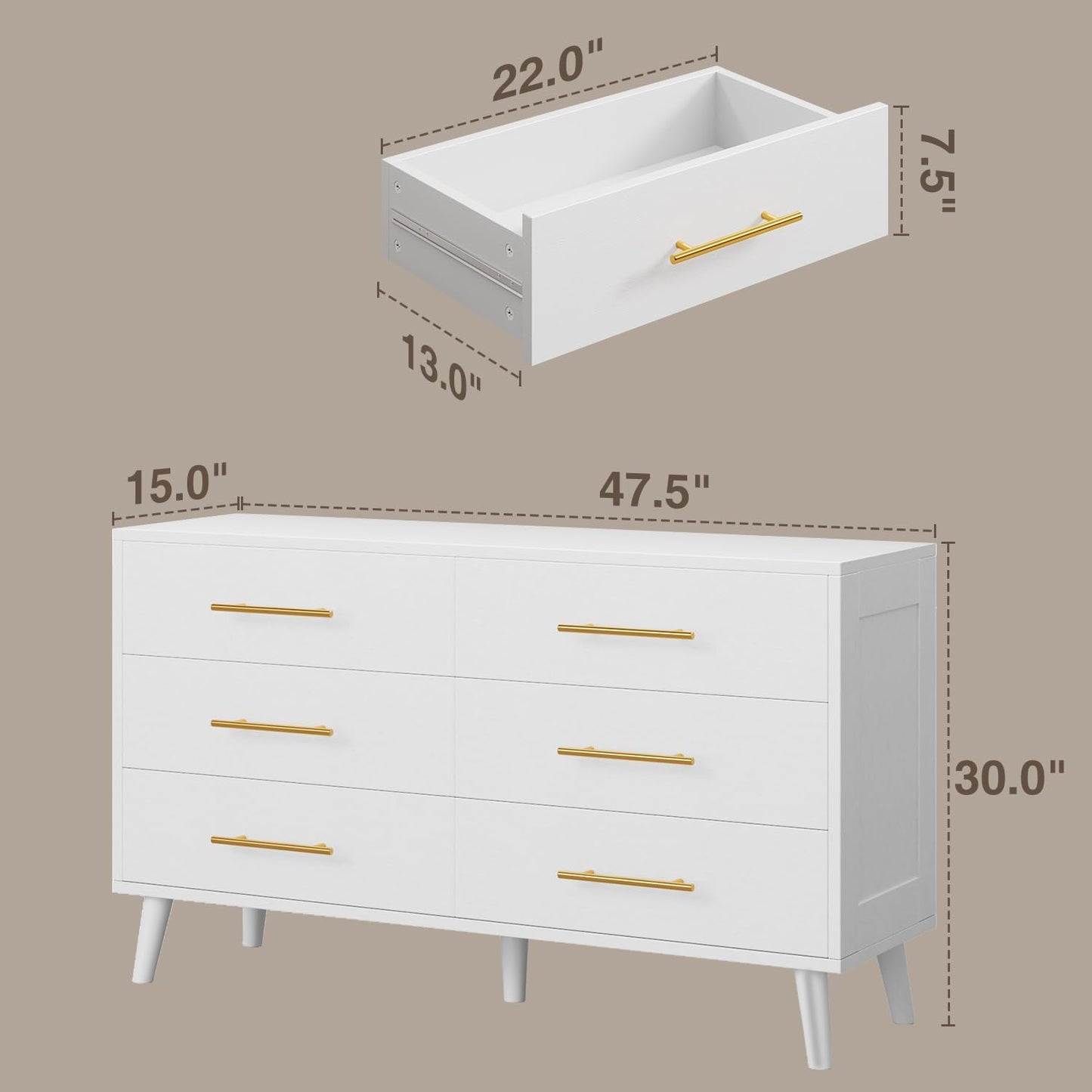 Aiho 6 Drawer Dresser for Bedroom, Chest of Drawers with Metal Handles, Wood Storage Modern Dresser for Nursery, Living Room, Entryway, White