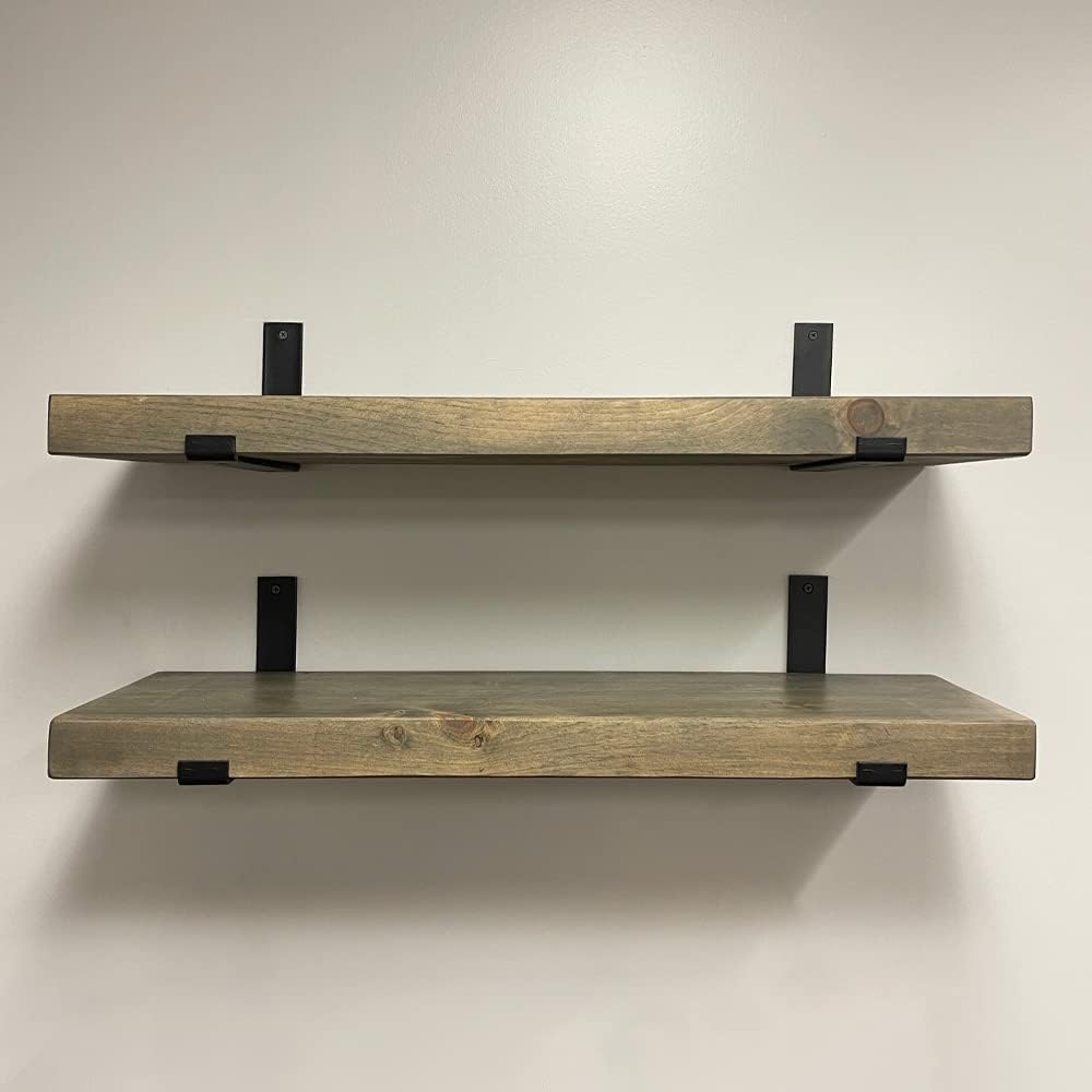 Rustic Shelves with J-Brackets Set of 2, Industrial Shelf, Kitchen Shelves, Solid Wood, Decorative Wall Storage, Heavy Duty, URBANDI (Grey, 36Wx12D)
