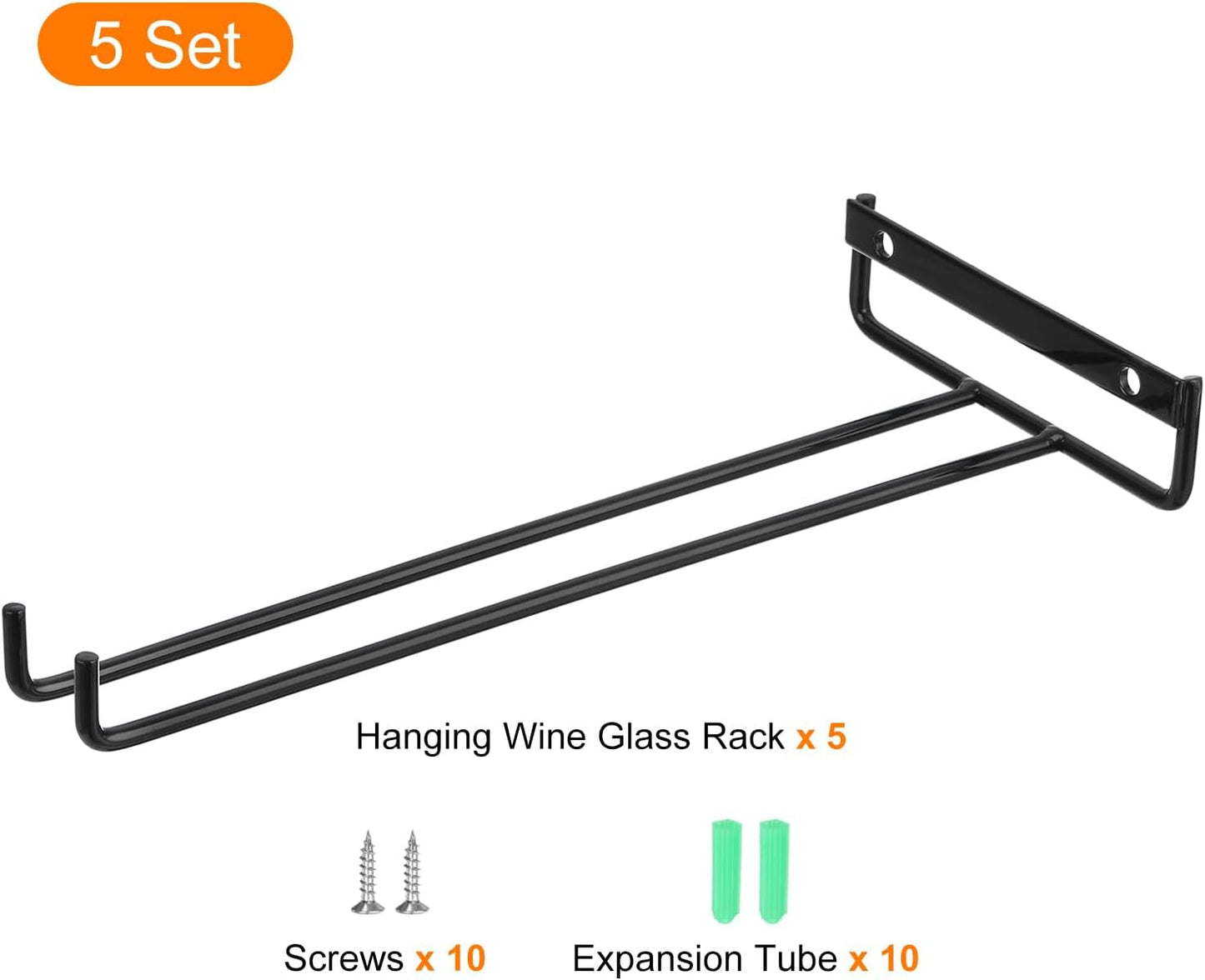 uxcell 5Pcs Wine Glass Rack, 10.43 Inch Iron Wine Glasses Rack Under Cabinet Stemware Rack - Wall Mountable Wine Glass Holder Storage Hanger for Bars Coffee Restaurants Kitchens, Black