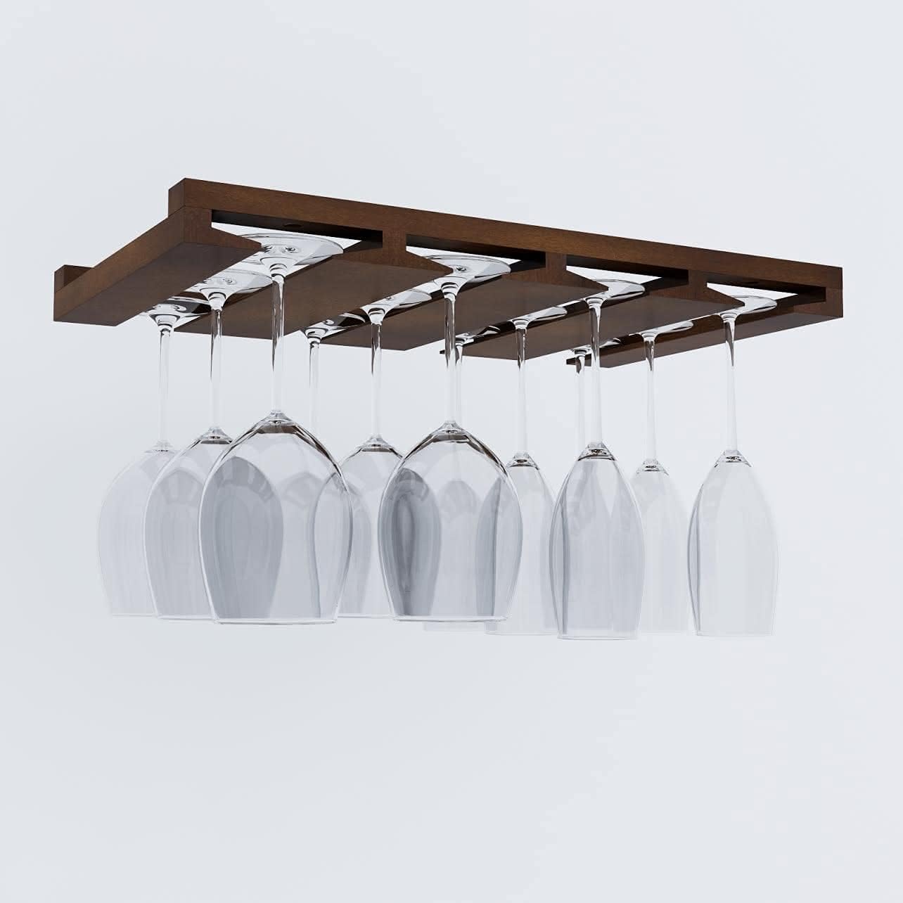 Rustic State Eze 4 Sectional Wood Under Cabinet Wine Glass Holder Wine Glass Rack Hanging Shelf Stemware Bar Organizer - 12 Wine Glass Storage - 10 Inch Deep - Chestnut Stained