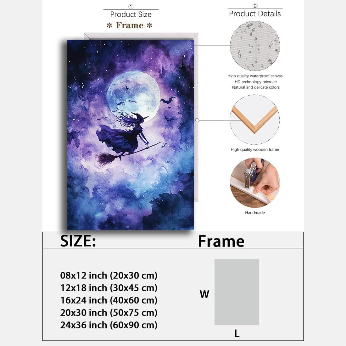 Witch On Broom Flying Wall Art,Gothic Halloween Canvas Wall Art,Victorian Witch Silhouette In Moonlight Broomstick Poster Pictures,Creepy Halloween Purple Night Sky Print,20"x30" Framed