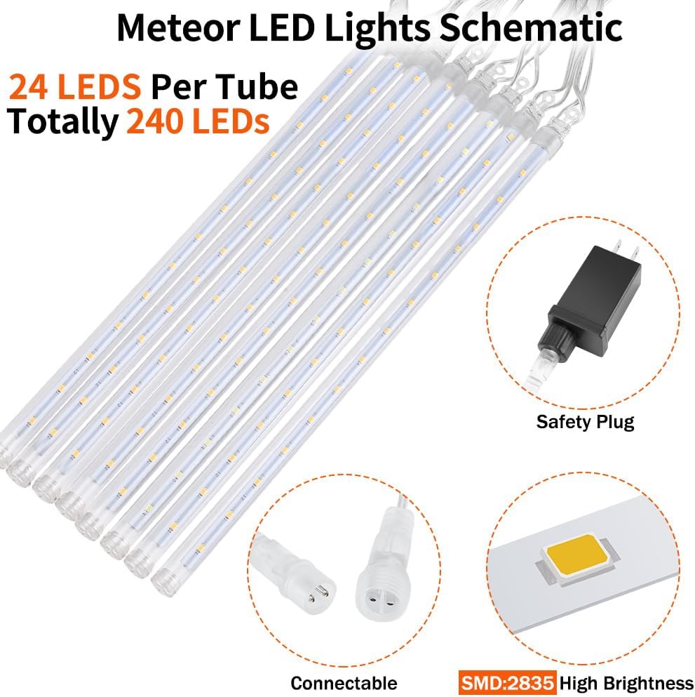Christmas Lights Meteor Shower Rain Lights, 10 Tube 12 inch 240 LEDs Icicle Lights Outdoor Raindrop Lights for Xmas Halloween Wedding Party Tree Holiday Decoration, Blue