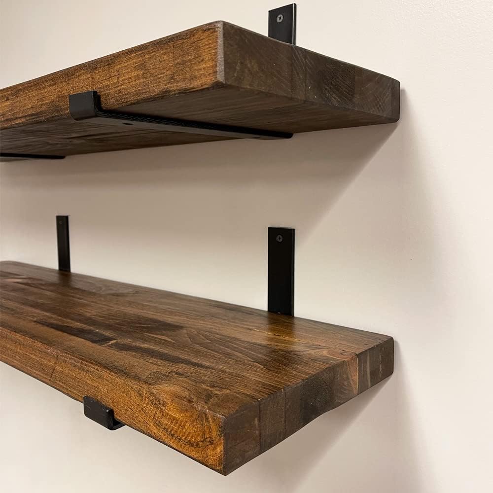 Rustic Shelves with J-Brackets Set of 2, Industrial Shelf, Kitchen Shelves, Solid Wood, Decorative Wall Storage, Heavy Duty, URBANDI (Provincial, 36Wx10D)