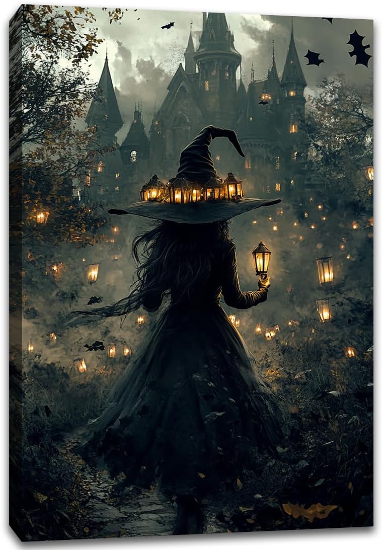 Halloween Witch and Haunted House Canvas Wall Art,Dark Academia Scary Witch Castle Posters Prints,Thriller Horror Gothic Wall Decor Pictures for Halloween Party House Decoration,12"x18" Framed