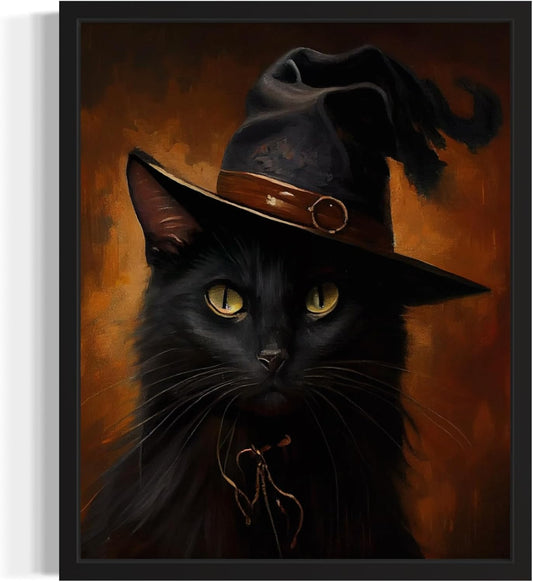 Witch Cat Poster Art Print, Halloween Scary Vintage Wall Art Academia Spooky Painting Decoration for Horror Prints, Gothic Posters Bedroom Decor 89 (Witch Cat, 16 x 20 inches, Unframed)