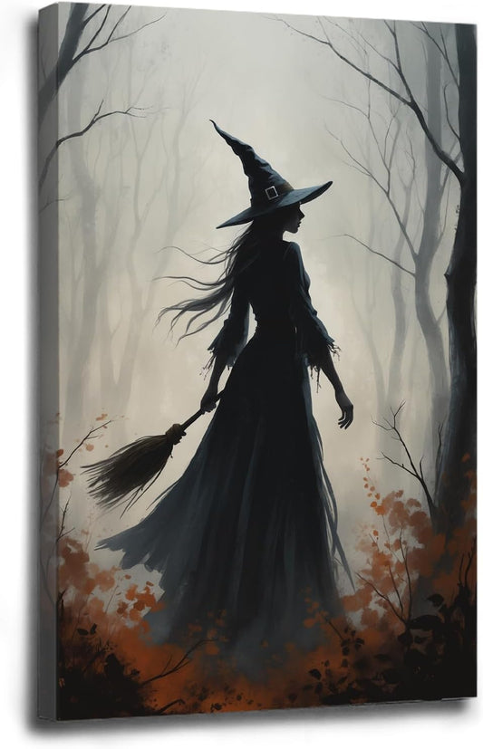 Vintage forest witch silhouette poster Halloween mural poster decoration mural art magic suitable for home living room bedroom16x24in Wood Framed