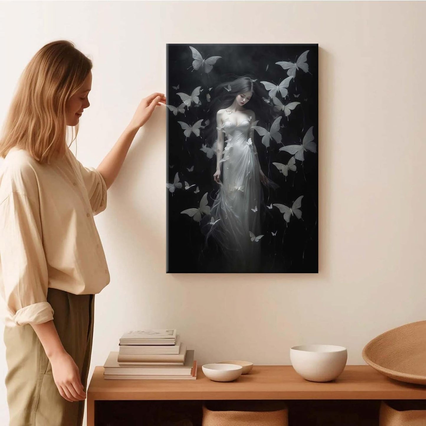 JFHCQJPK Vintage Gothic Feminine Canvas Wall Art Print Butterfly Poster Moody Female Wall Art Retro Artwork Dark College Decor for Home Bedroom24x36in Frameless