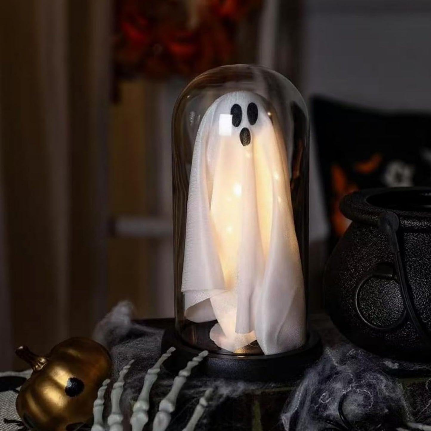 Light Up Ghost in Glass Cloche,Halloween Decorations Indoor,Cute LED Ghost Decor for Mantel,Tabletop,Cute Decorative Ornaments Suitable for Halloween Parties and Festivals(Colored Light,Glass Cover)